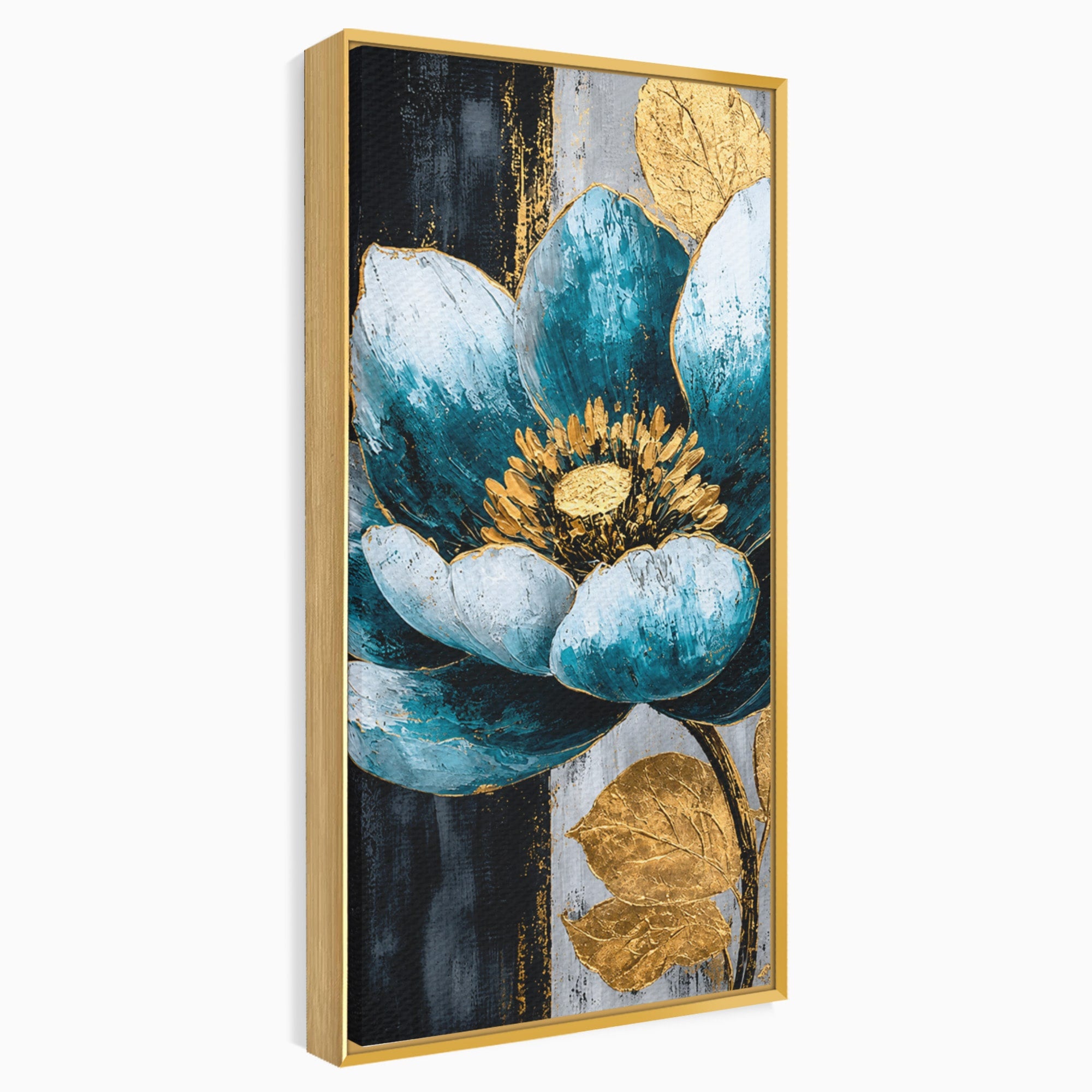 Tablou Canvas Premium LuxCanva® A1812, Petale de Azur, Floare, Auriu, Albastru, Abstract, Living, Culori Vibrante