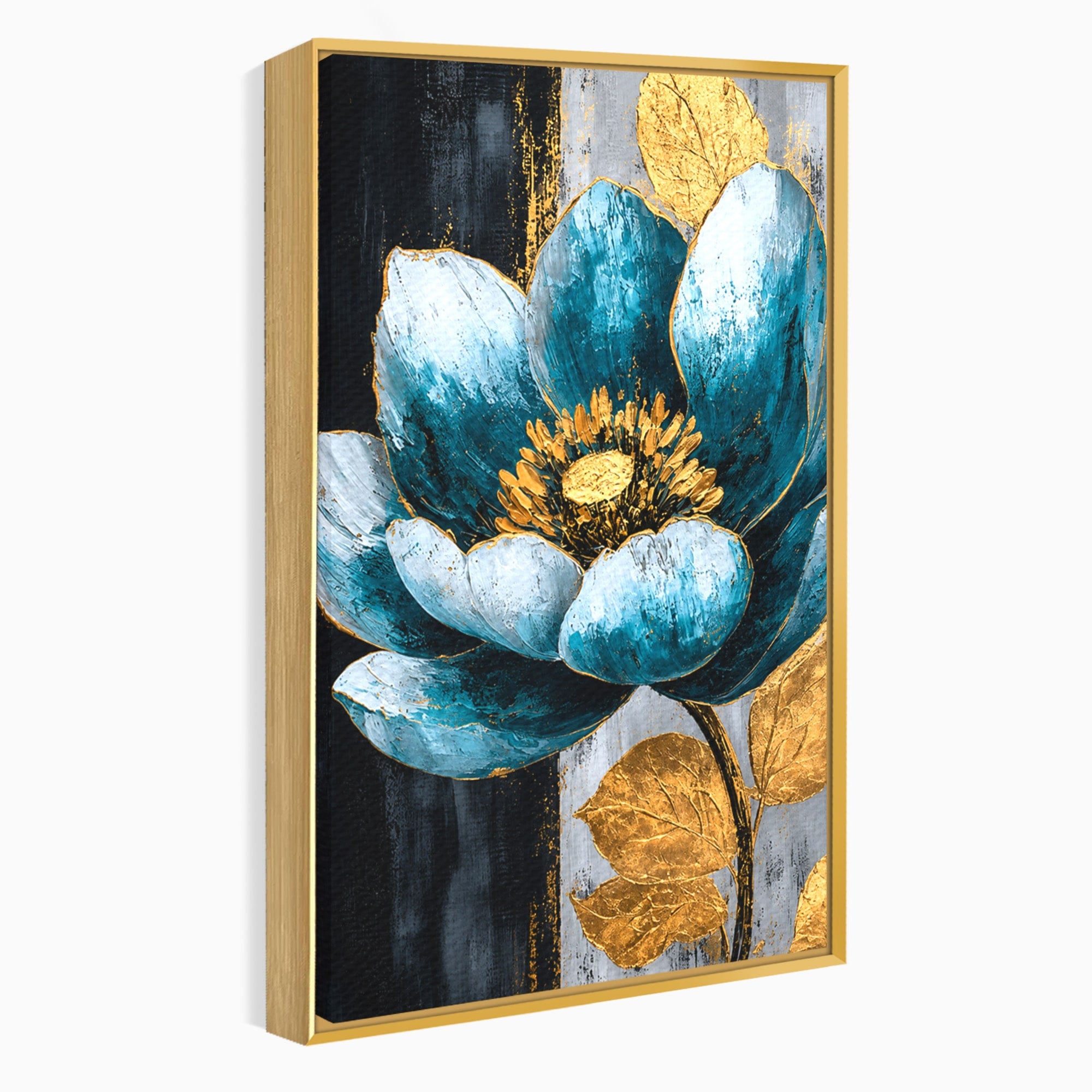Tablou Canvas Premium LuxCanva® A1812, Petale de Azur, Floare, Auriu, Albastru, Abstract, Living, Culori Vibrante