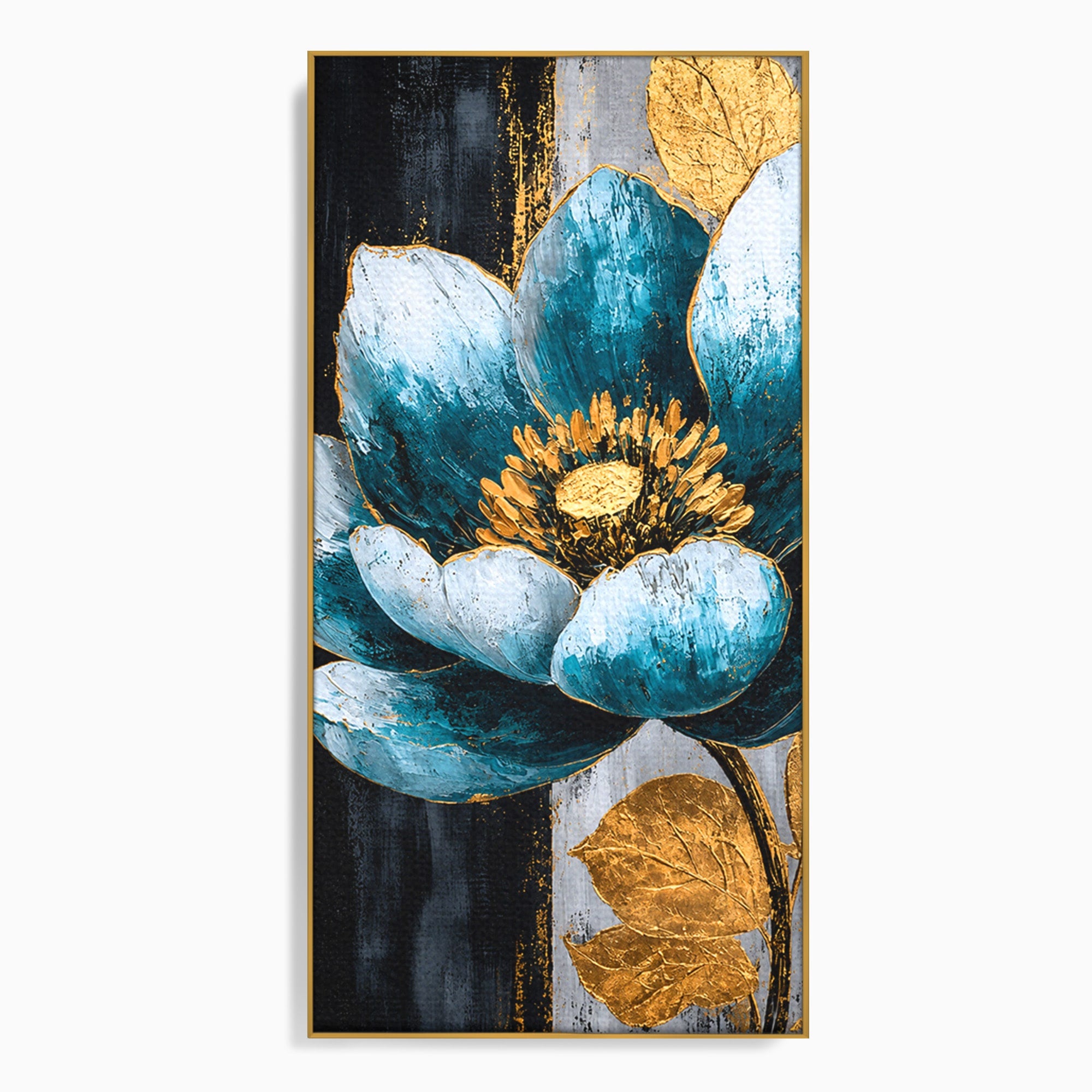 Tablou Canvas Premium LuxCanva® A1812, Petale de Azur, Floare, Auriu, Albastru, Abstract, Living, Culori Vibrante