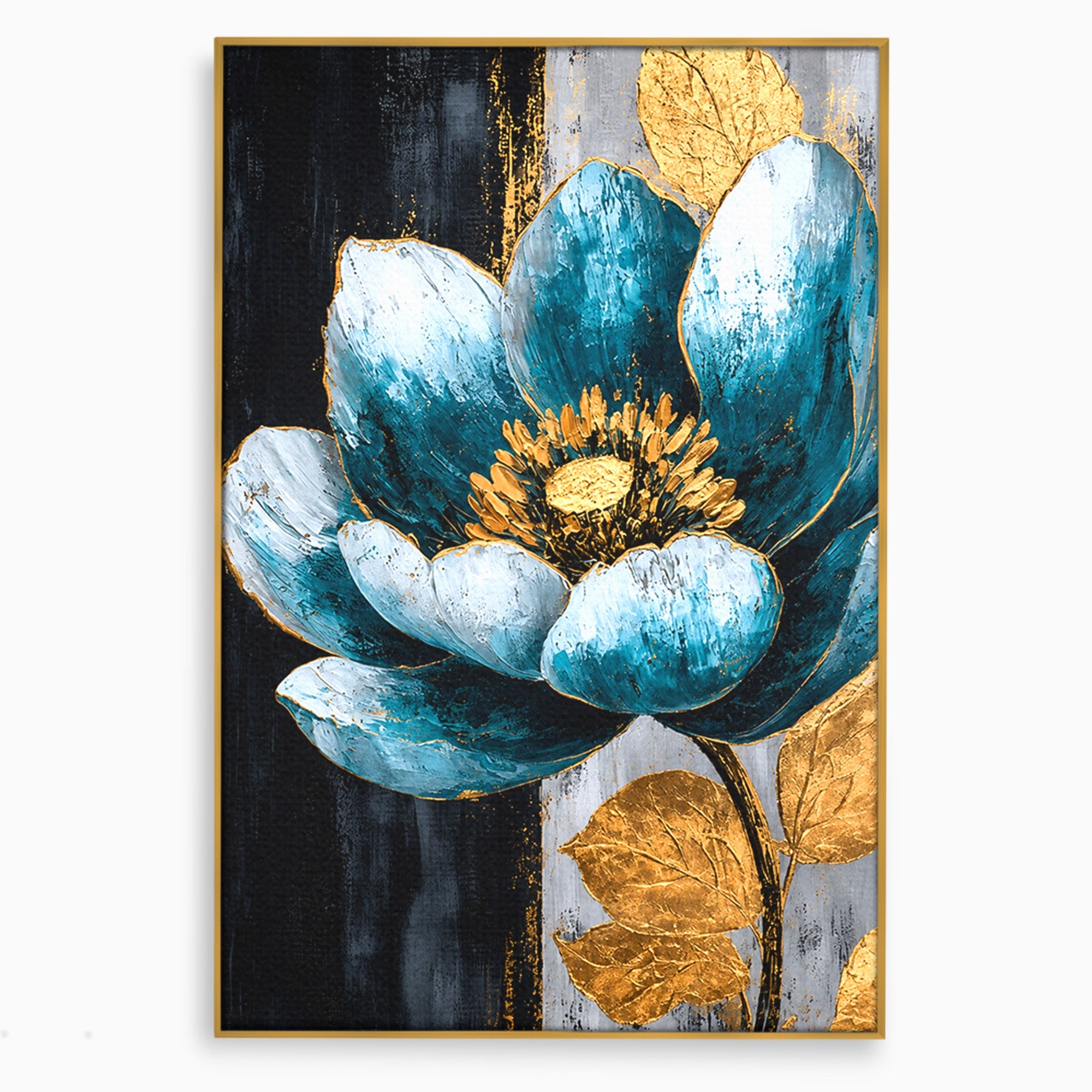 Tablou Canvas Premium LuxCanva® A1812, Petale de Azur, Floare, Auriu, Albastru, Abstract, Living, Culori Vibrante