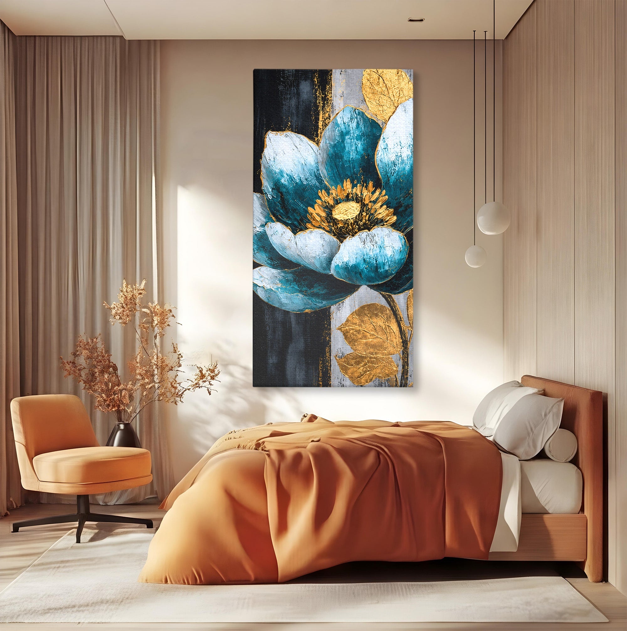 Tablou Canvas Premium LuxCanva® A1812, Petale de Azur, Floare, Auriu, Albastru, Abstract, Living, Culori Vibrante