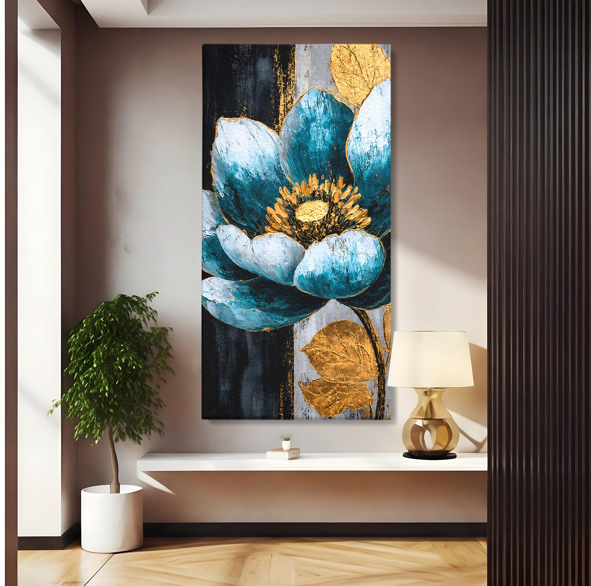 Tablou Canvas Premium LuxCanva® A1812, Petale de Azur, Floare, Auriu, Albastru, Abstract, Living, Culori Vibrante