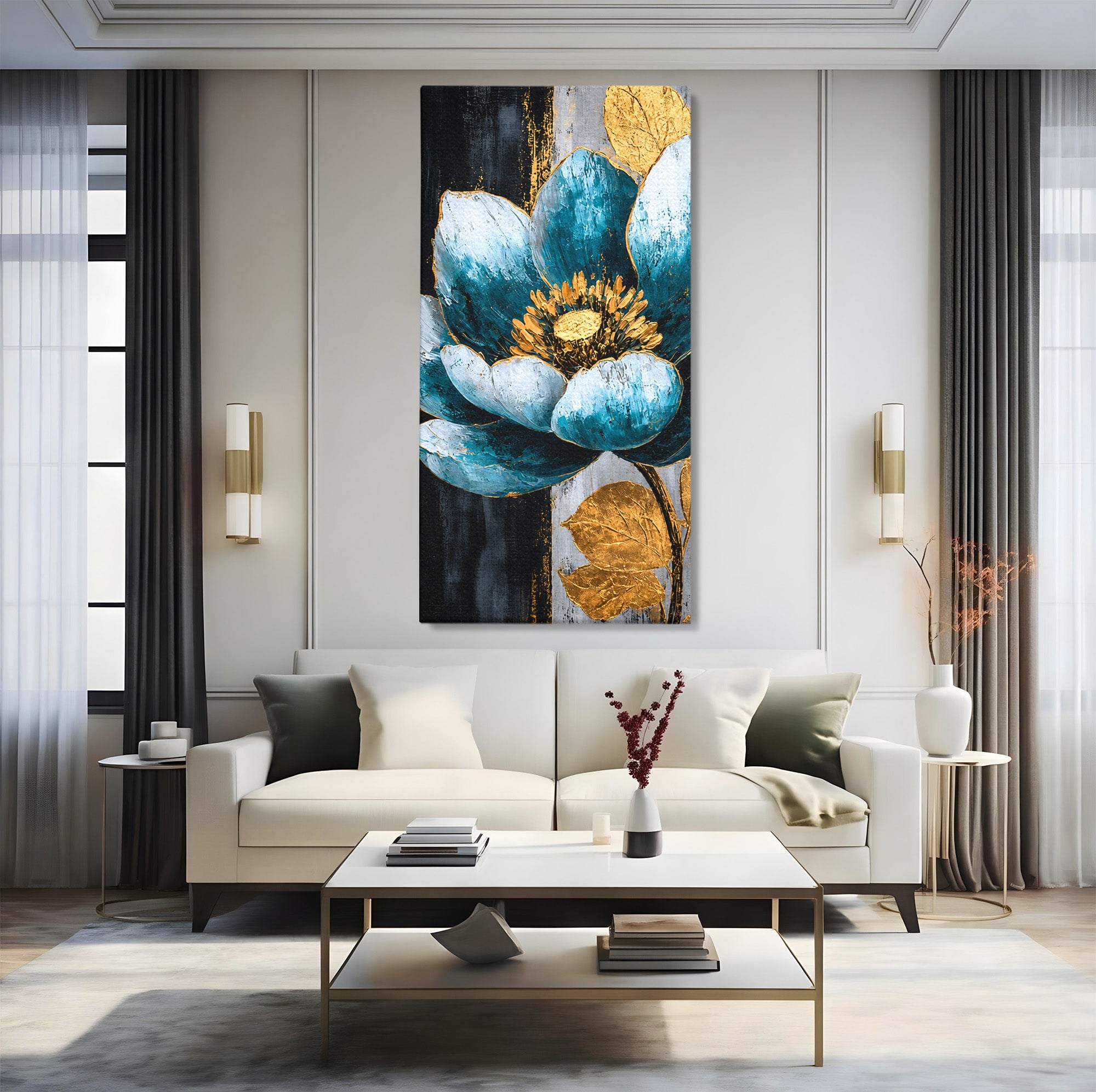 Tablou Canvas Premium LuxCanva® A1812, Petale de Azur, Floare, Auriu, Albastru, Abstract, Living, Culori Vibrante