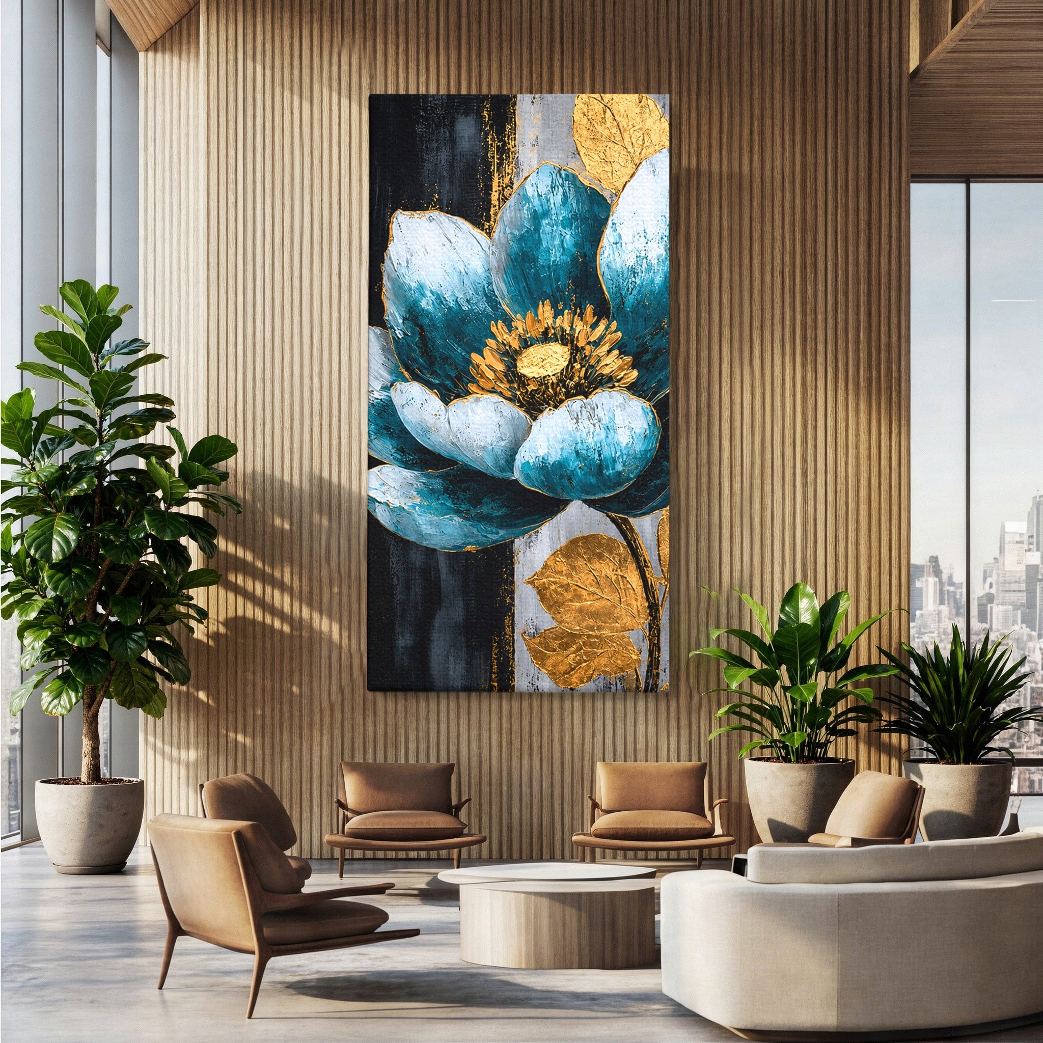 Tablou Canvas Premium LuxCanva® A1812, Petale de Azur, Floare, Auriu, Albastru, Abstract, Living, Culori Vibrante