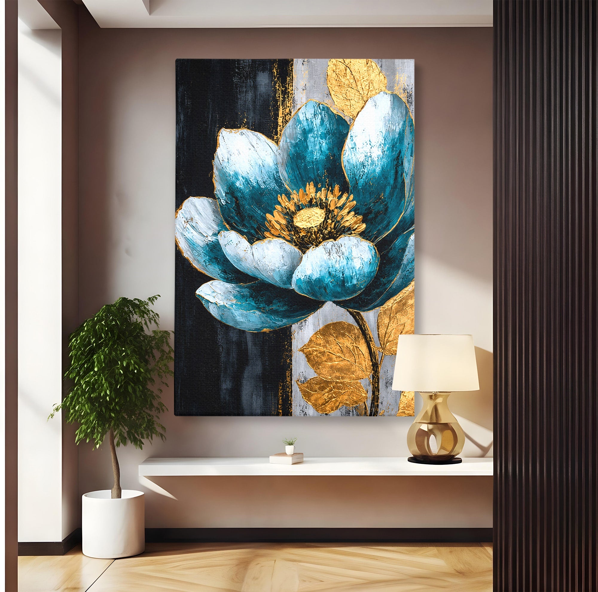 Tablou Canvas Premium LuxCanva® A1812, Petale de Azur, Floare, Auriu, Albastru, Abstract, Living, Culori Vibrante