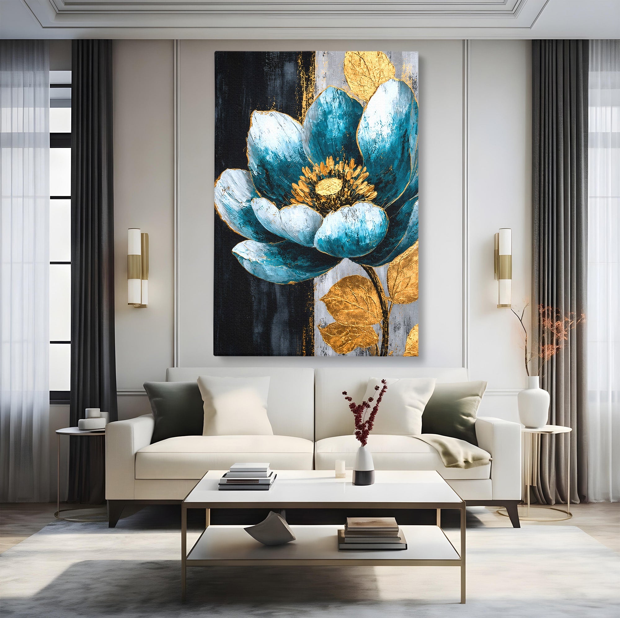 Tablou Canvas Premium LuxCanva® A1812, Petale de Azur, Floare, Auriu, Albastru, Abstract, Living, Culori Vibrante