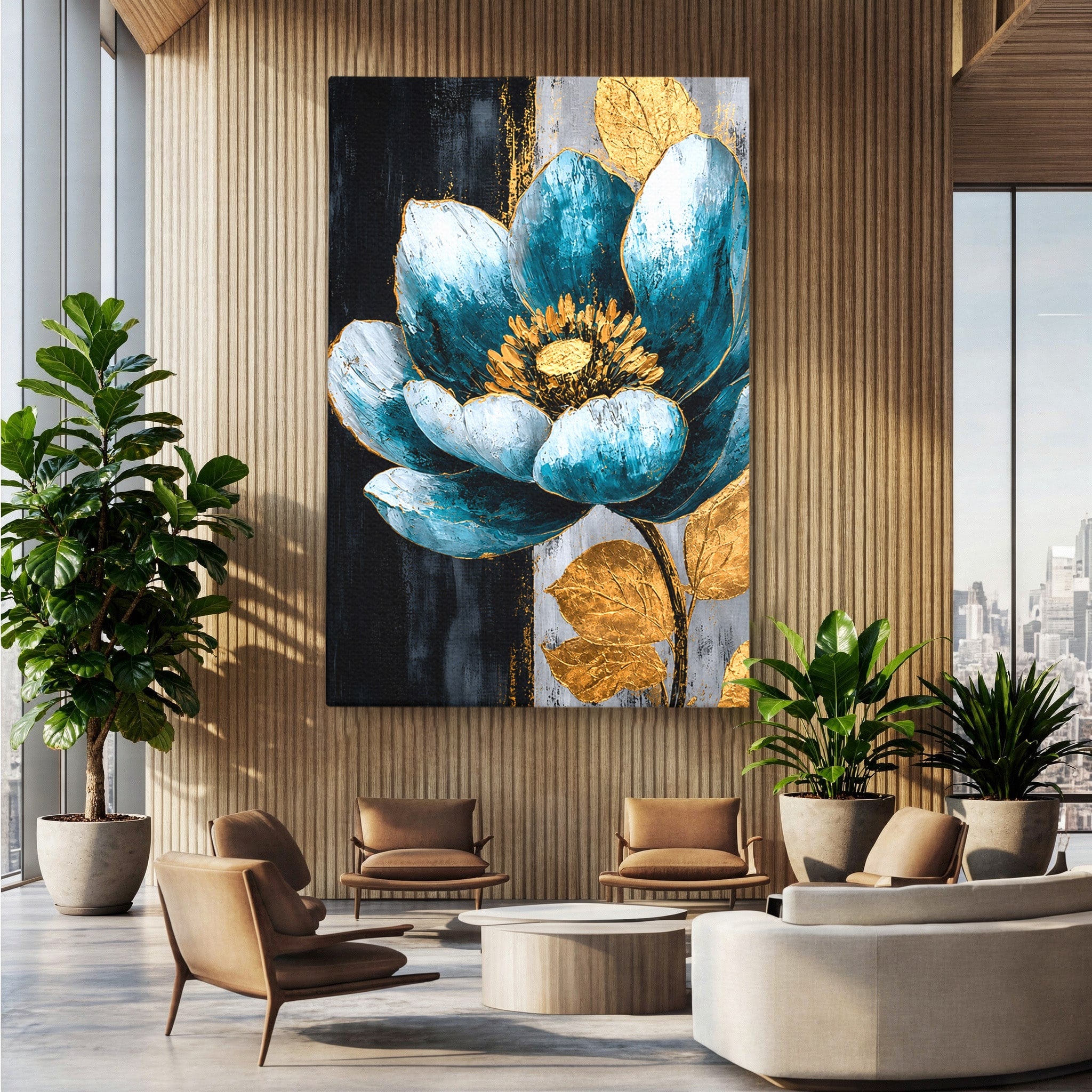 Tablou Canvas Premium LuxCanva® A1812, Petale de Azur, Floare, Auriu, Albastru, Abstract, Living, Culori Vibrante