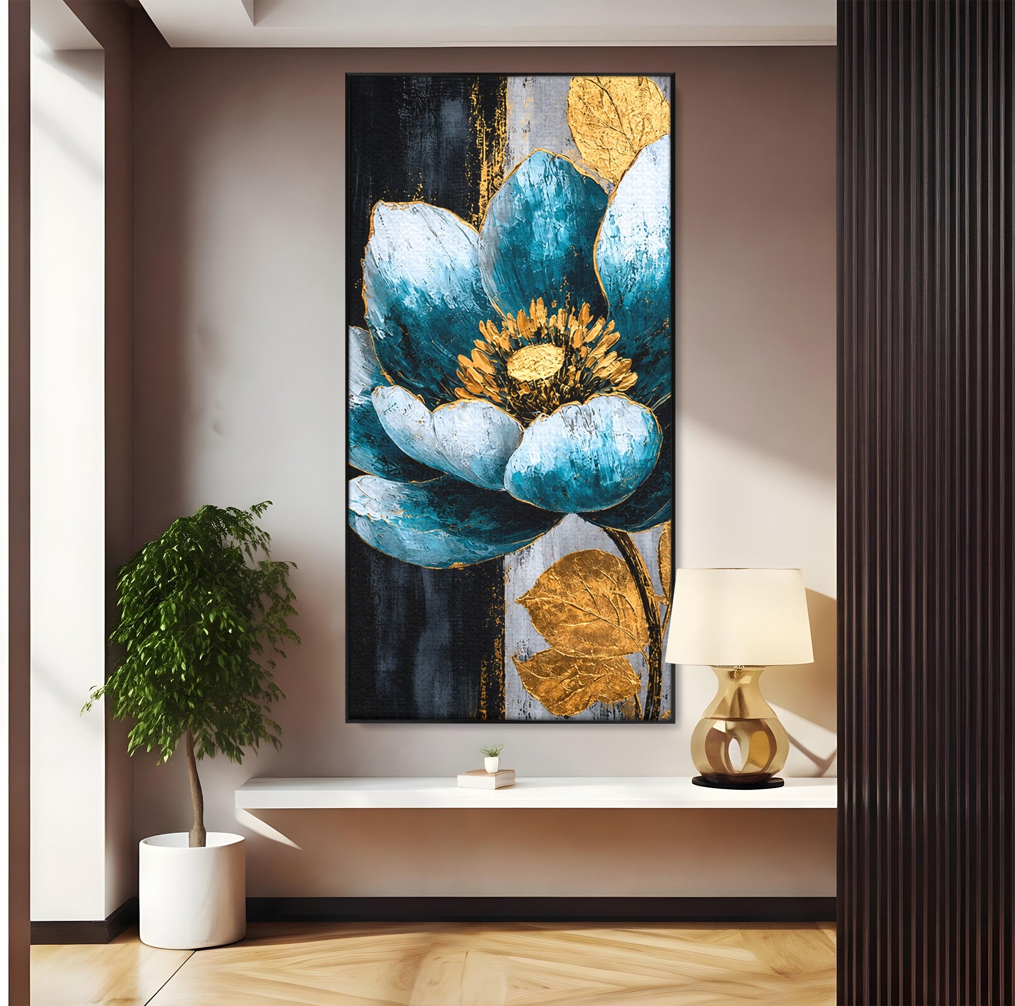 Tablou Canvas Premium LuxCanva® A1812, Petale de Azur, Floare, Auriu, Albastru, Abstract, Living, Culori Vibrante