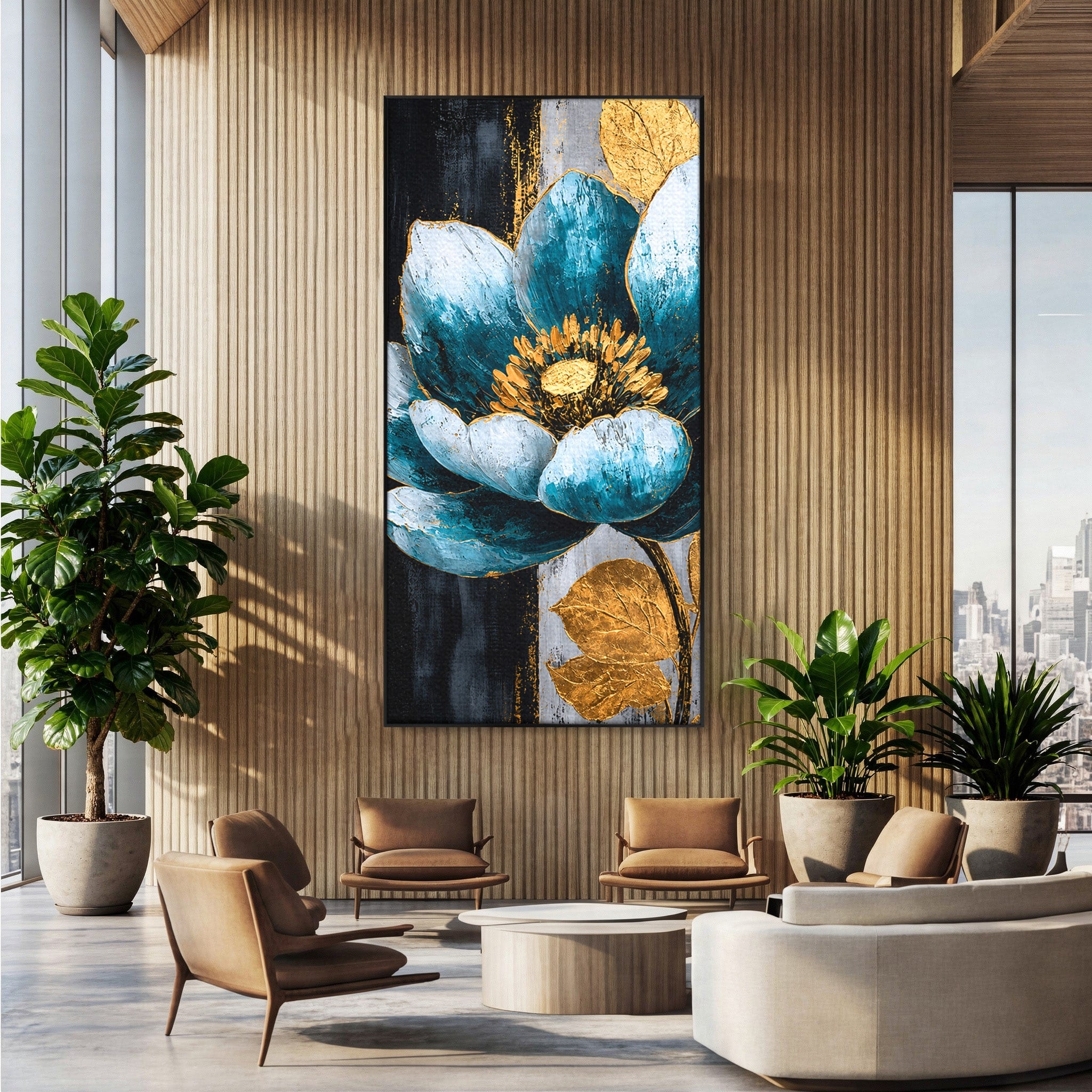 Tablou Canvas Premium LuxCanva® A1812, Petale de Azur, Floare, Auriu, Albastru, Abstract, Living, Culori Vibrante