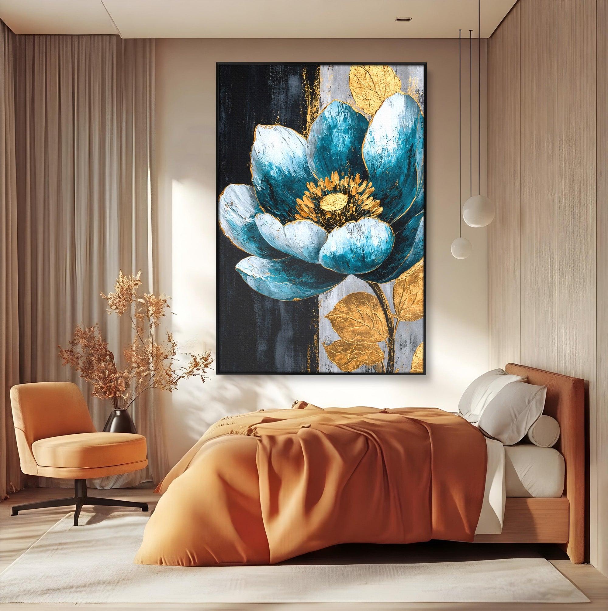 Tablou Canvas Premium LuxCanva® A1812, Petale de Azur, Floare, Auriu, Albastru, Abstract, Living, Culori Vibrante