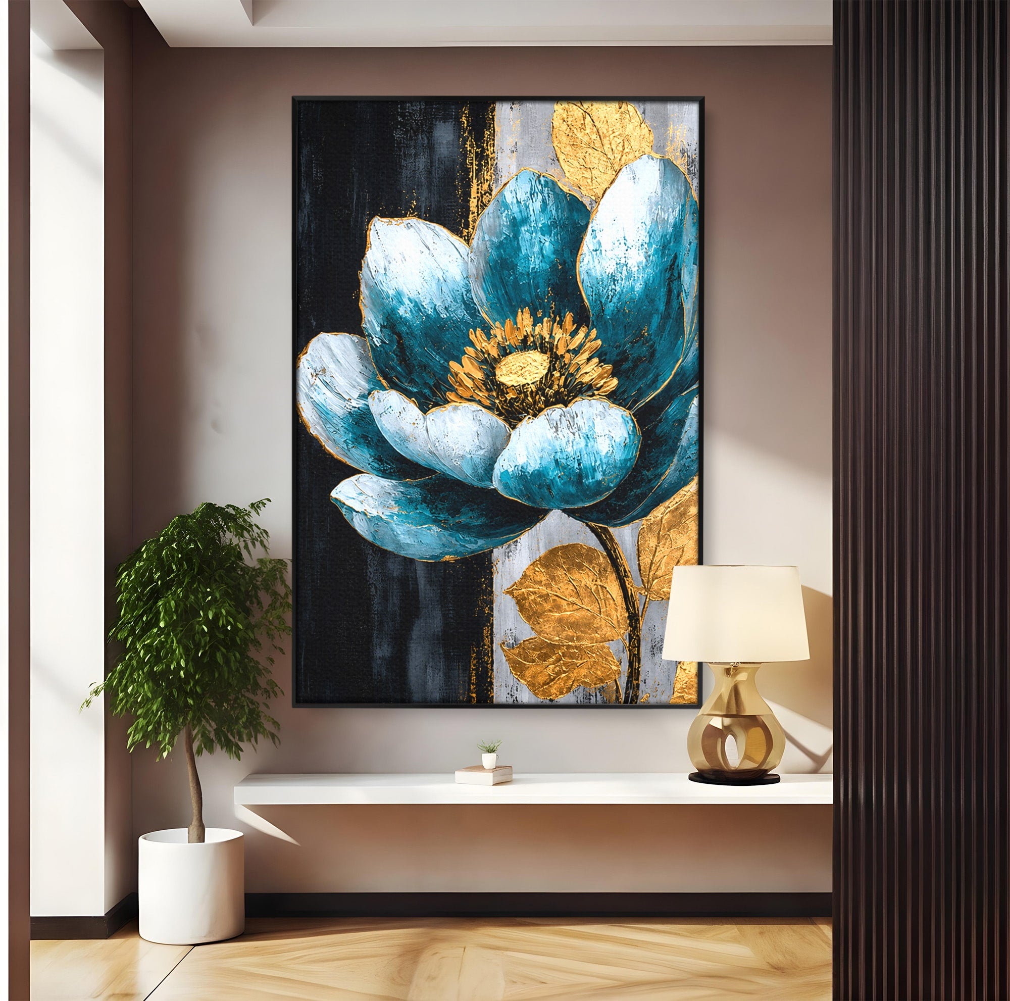 Tablou Canvas Premium LuxCanva® A1812, Petale de Azur, Floare, Auriu, Albastru, Abstract, Living, Culori Vibrante