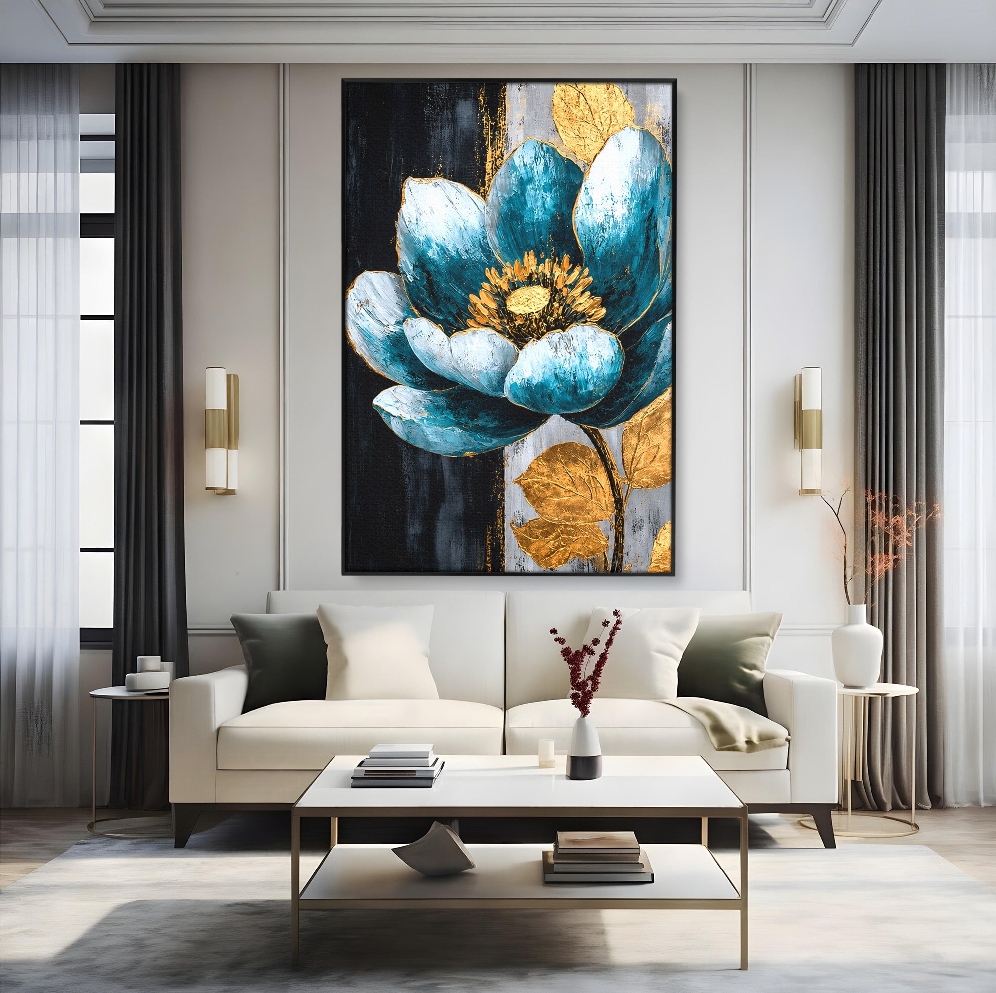 Tablou Canvas Premium LuxCanva® A1812, Petale de Azur, Floare, Auriu, Albastru, Abstract, Living, Culori Vibrante