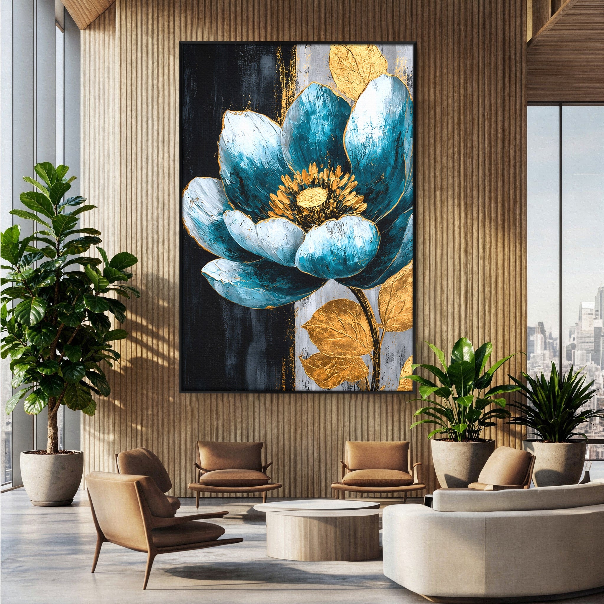 Tablou Canvas Premium LuxCanva® A1812, Petale de Azur, Floare, Auriu, Albastru, Abstract, Living, Culori Vibrante