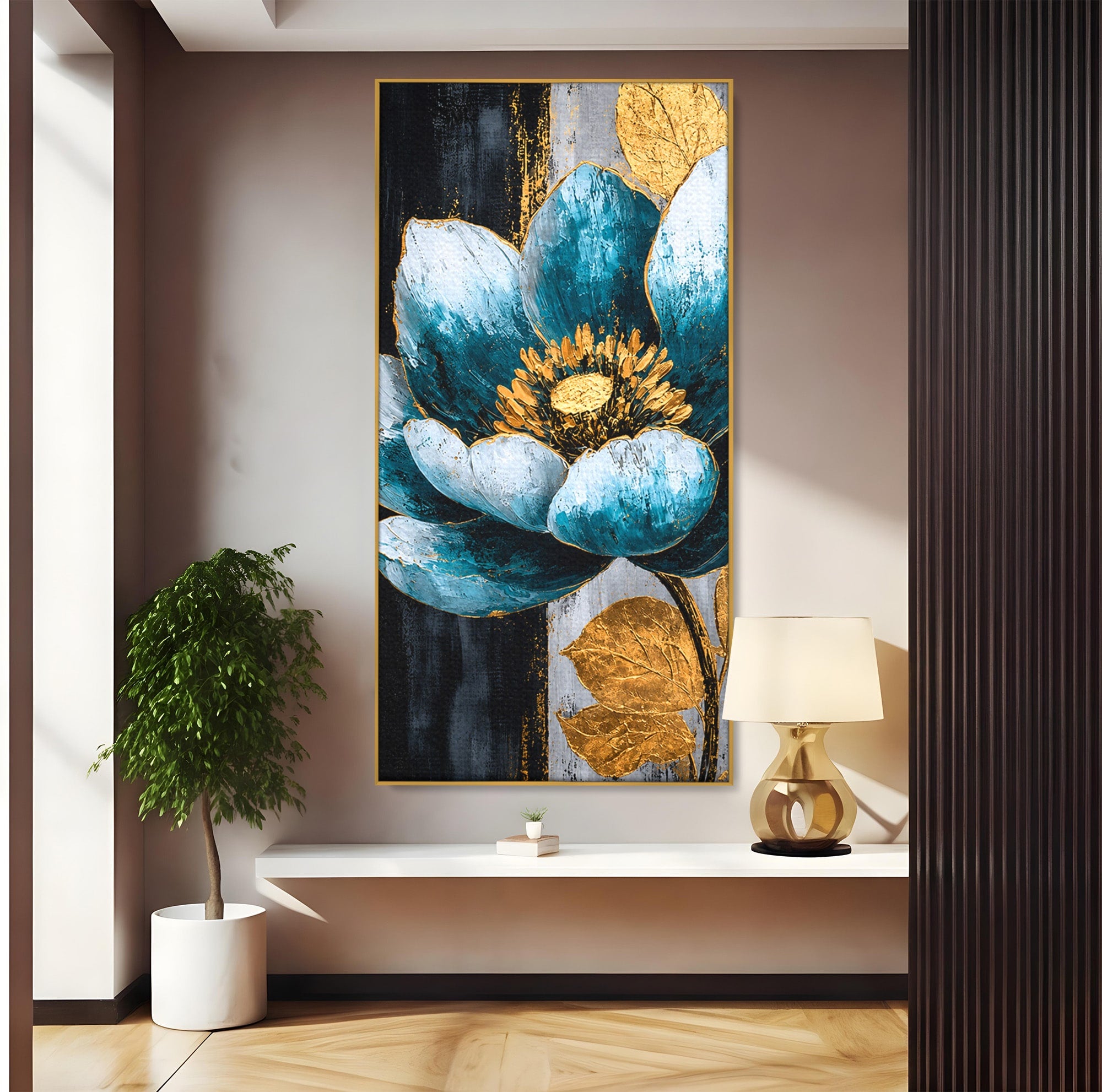 Tablou Canvas Premium LuxCanva® A1812, Petale de Azur, Floare, Auriu, Albastru, Abstract, Living, Culori Vibrante