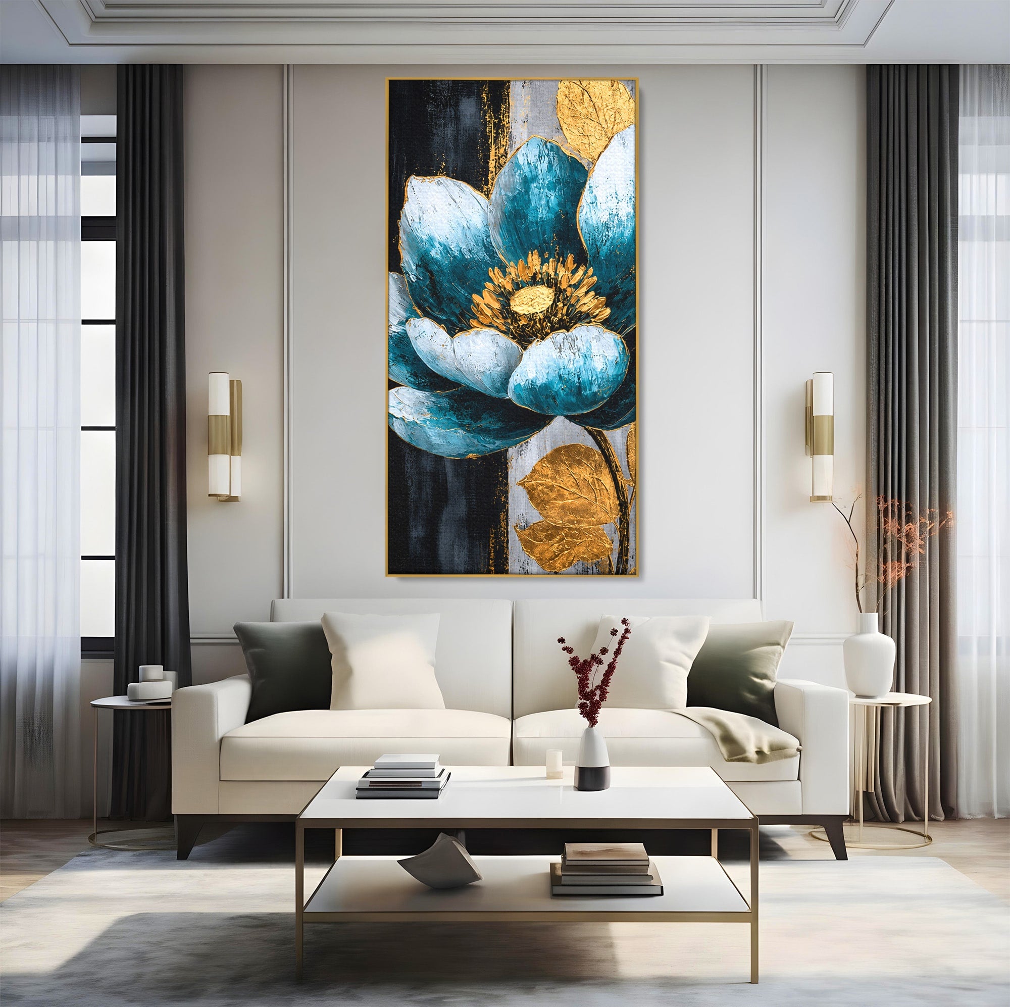 Tablou Canvas Premium LuxCanva® A1812, Petale de Azur, Floare, Auriu, Albastru, Abstract, Living, Culori Vibrante
