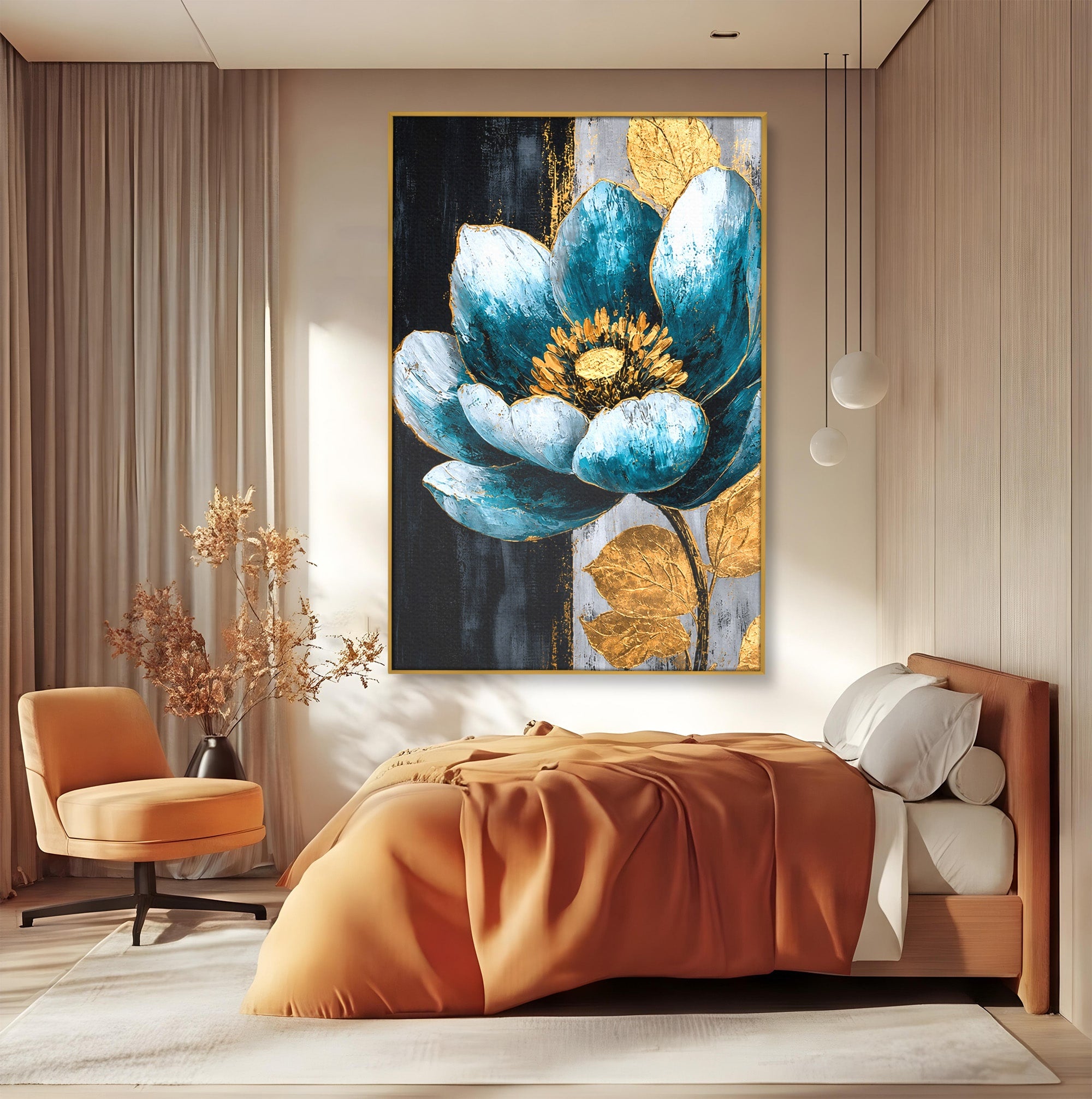 Tablou Canvas Premium LuxCanva® A1812, Petale de Azur, Floare, Auriu, Albastru, Abstract, Living, Culori Vibrante