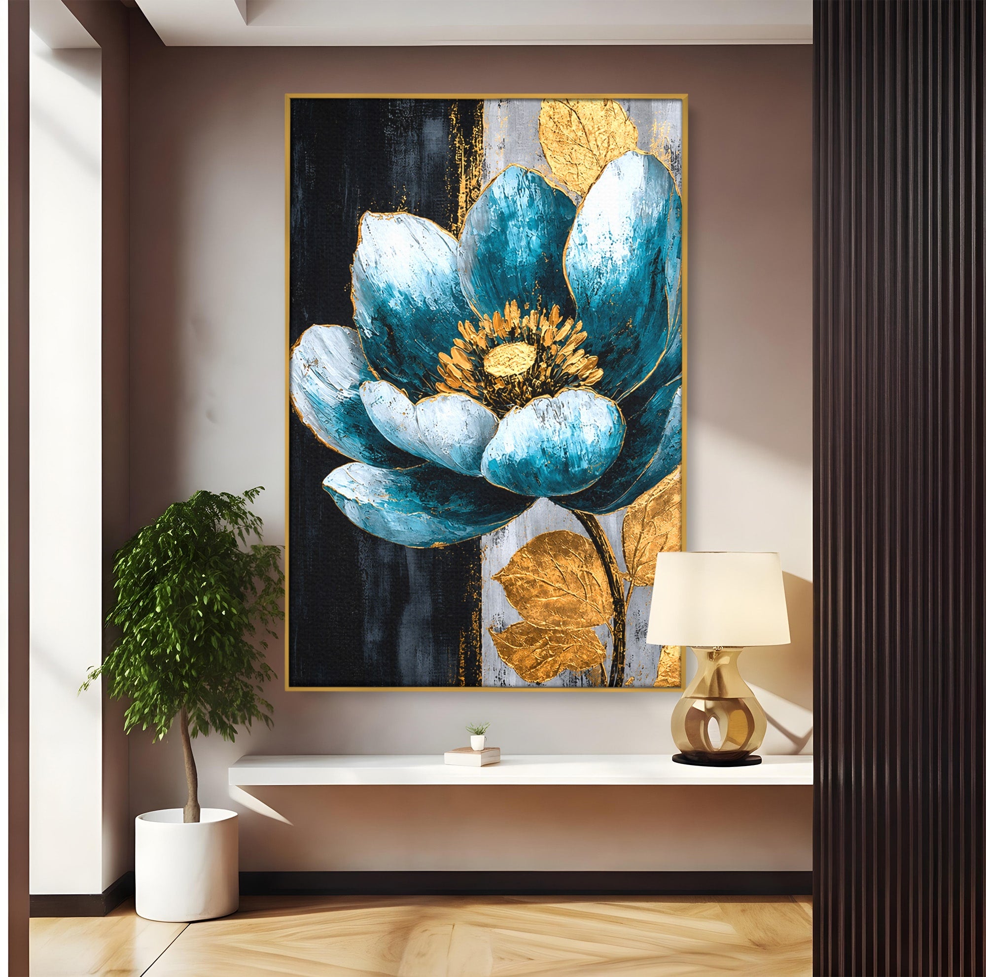 Tablou Canvas Premium LuxCanva® A1812, Petale de Azur, Floare, Auriu, Albastru, Abstract, Living, Culori Vibrante