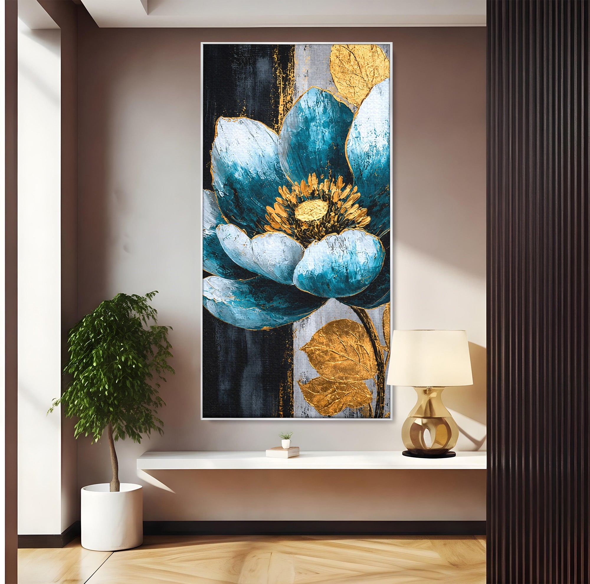 Tablou Canvas Premium LuxCanva® A1812, Petale de Azur, Floare, Auriu, Albastru, Abstract, Living, Culori Vibrante