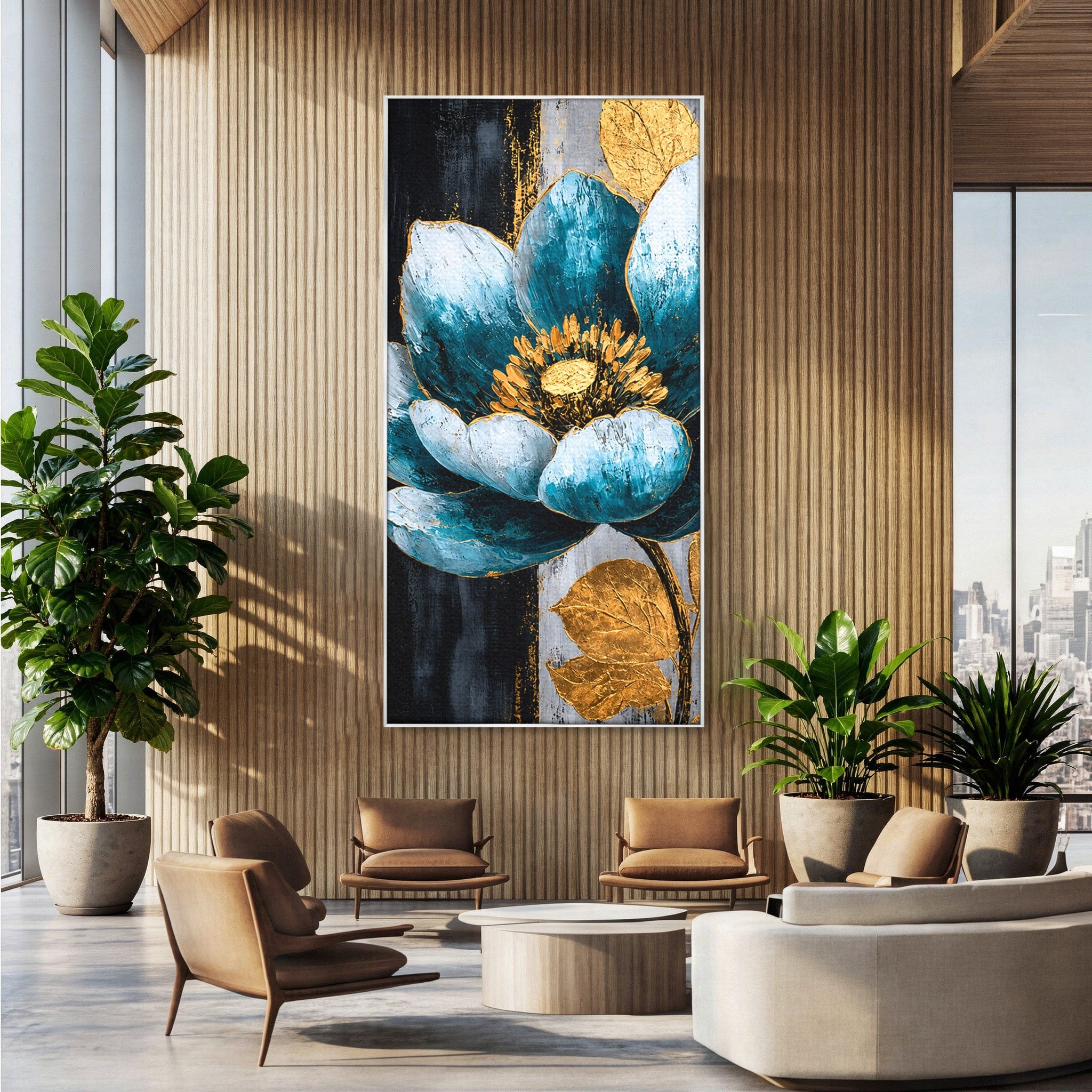 Tablou Canvas Premium LuxCanva® A1812, Petale de Azur, Floare, Auriu, Albastru, Abstract, Living, Culori Vibrante
