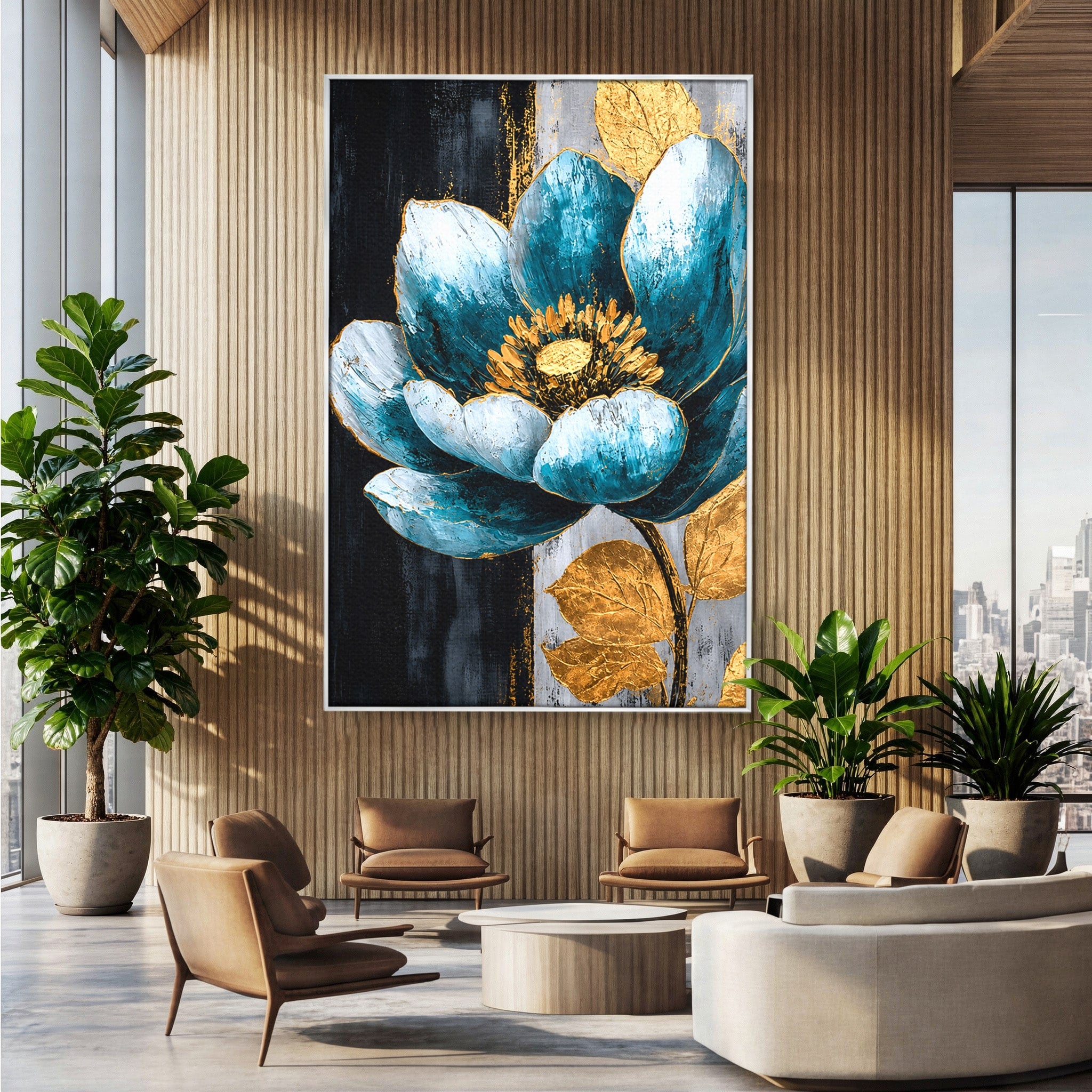Tablou Canvas Premium LuxCanva® A1812, Petale de Azur, Floare, Auriu, Albastru, Abstract, Living, Culori Vibrante