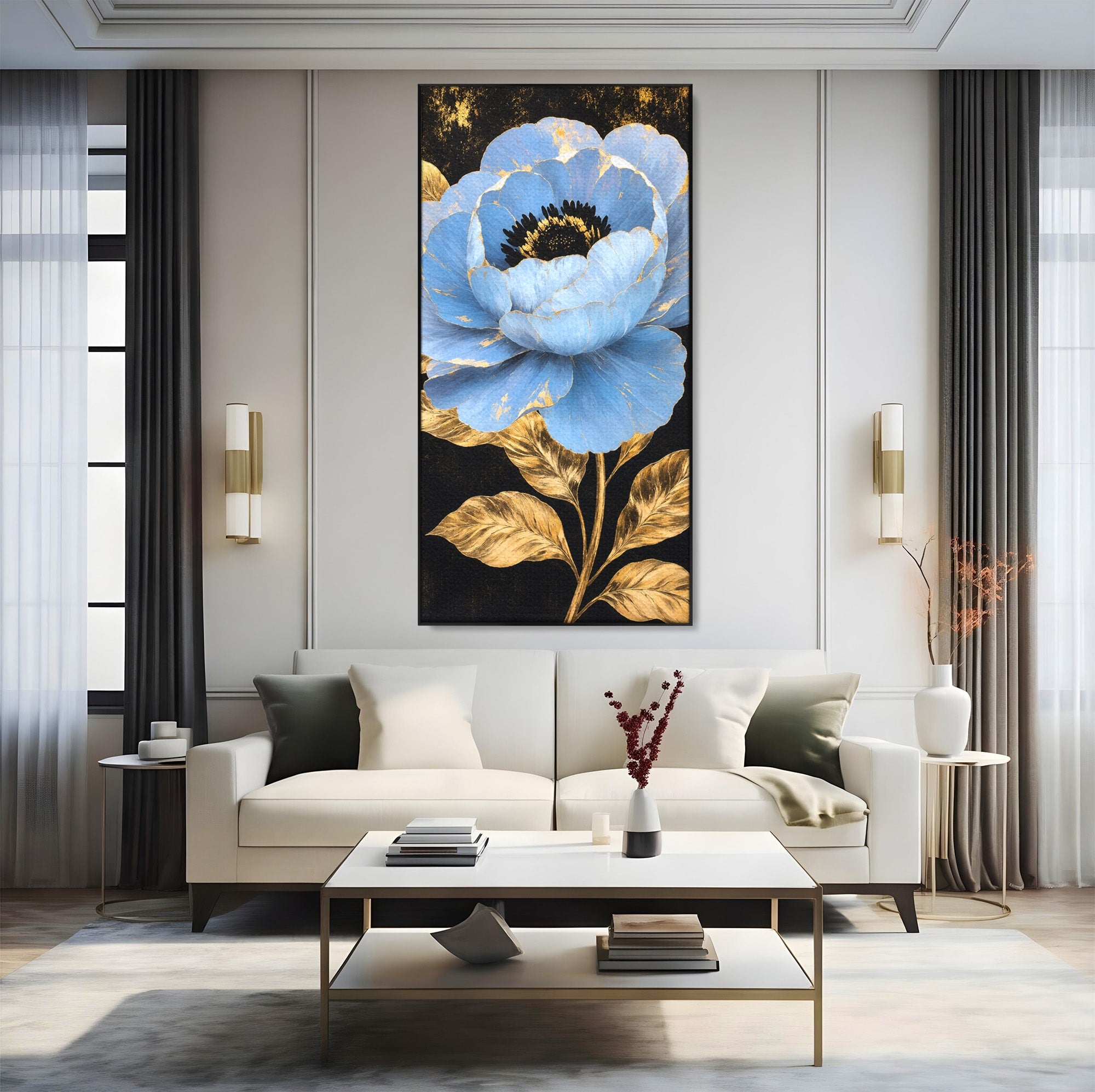 Tablou Canvas Premium LuxCanva® A1813, Înflorire Regală, Floare, Auriu, Negru, Living, Dormitor, Culori Vibrante