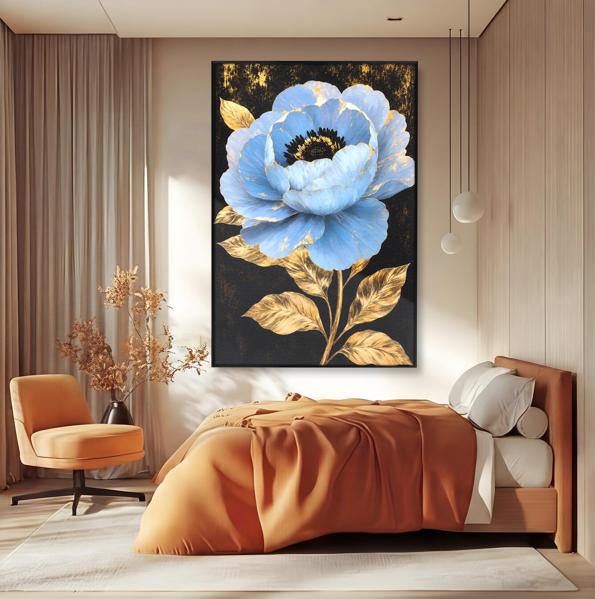 Tablou Canvas Premium LuxCanva® A1813, Înflorire Regală, Floare, Auriu, Negru, Living, Dormitor, Culori Vibrante