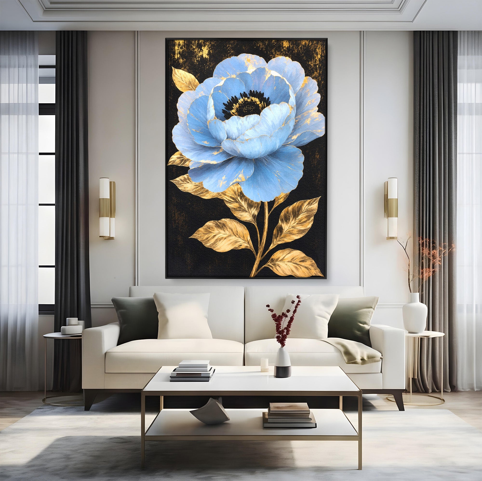 Tablou Canvas Premium LuxCanva® A1813, Înflorire Regală, Floare, Auriu, Negru, Living, Dormitor, Culori Vibrante