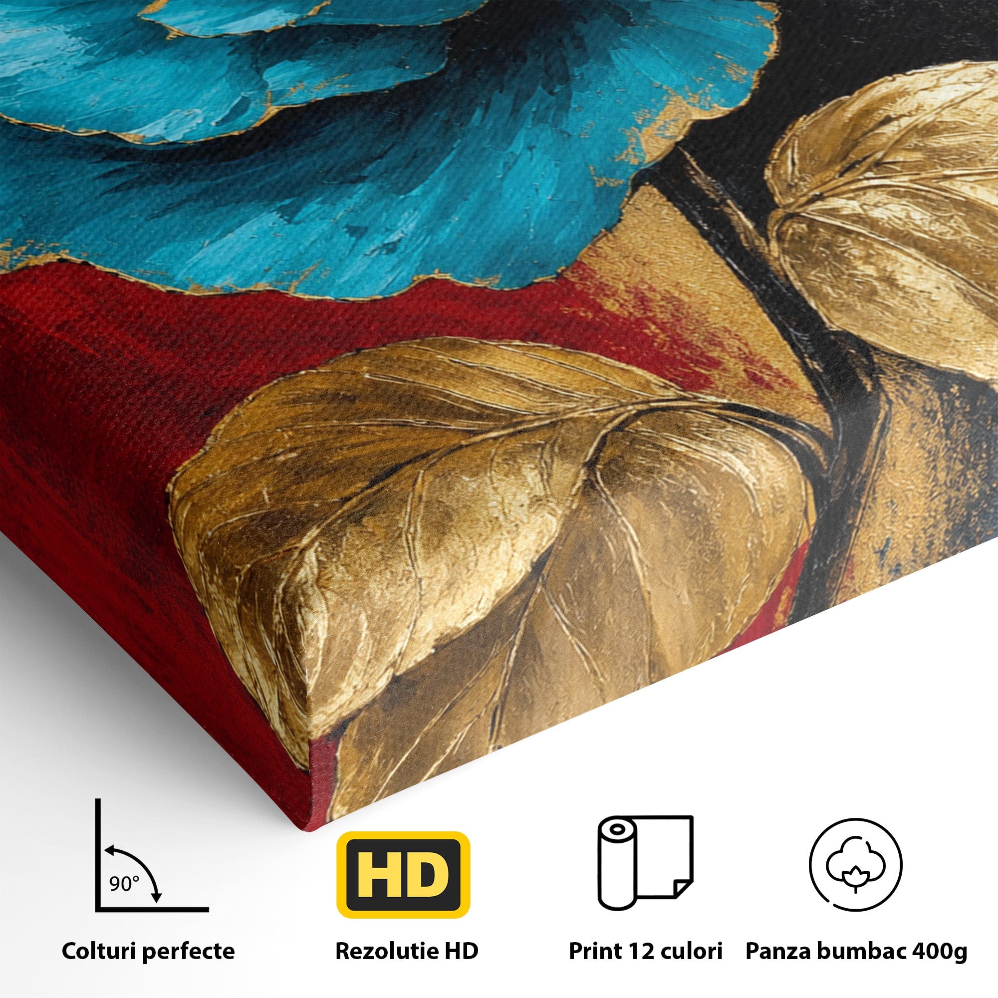 Tablou Canvas Premium LuxCanva® A1818, Eleganță de Safir, Floare, Frunze, Arta Botanica, Dormitor, Living, Culori Vibrante