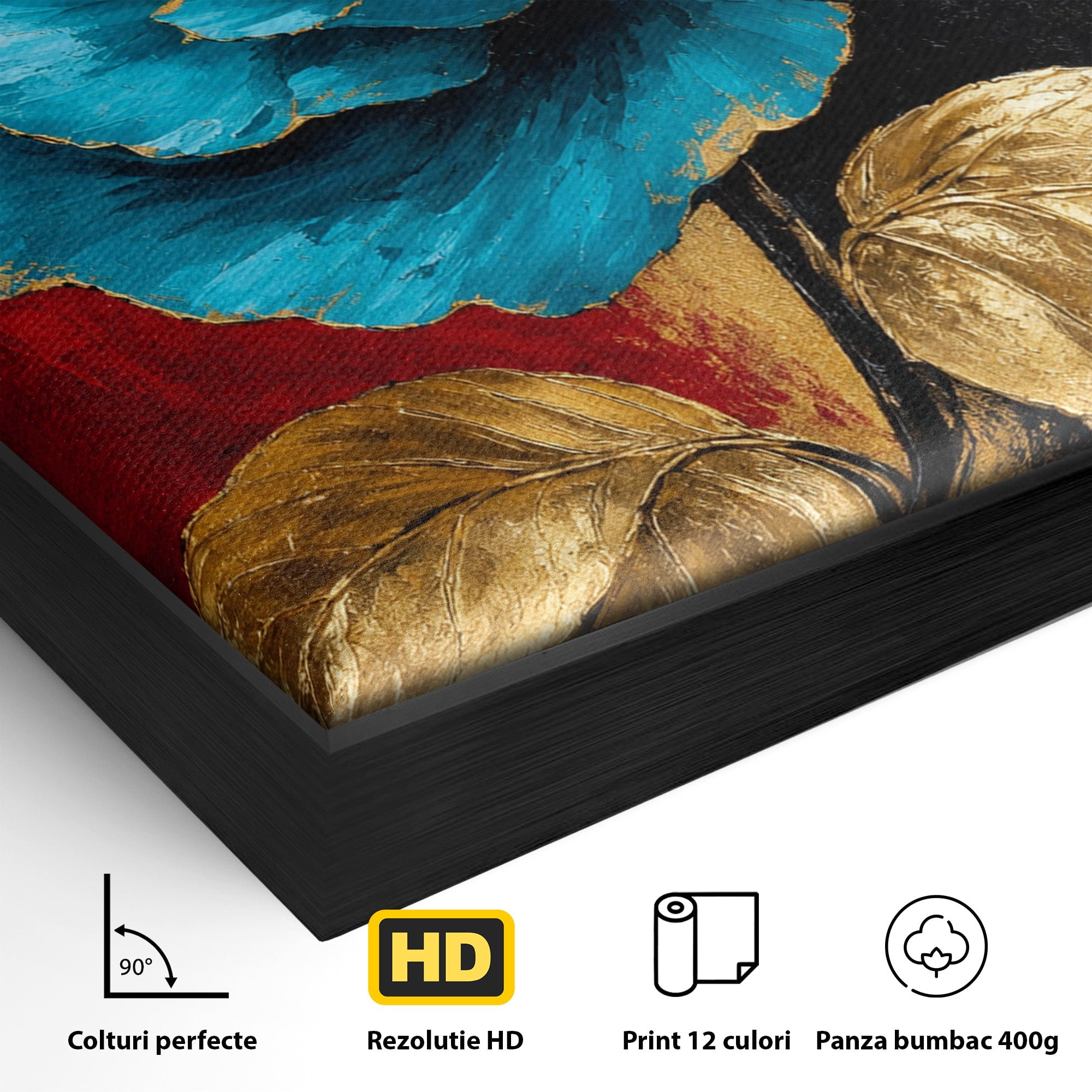 Tablou Canvas Premium LuxCanva® A1818, Eleganță de Safir, Floare, Frunze, Arta Botanica, Dormitor, Living, Culori Vibrante