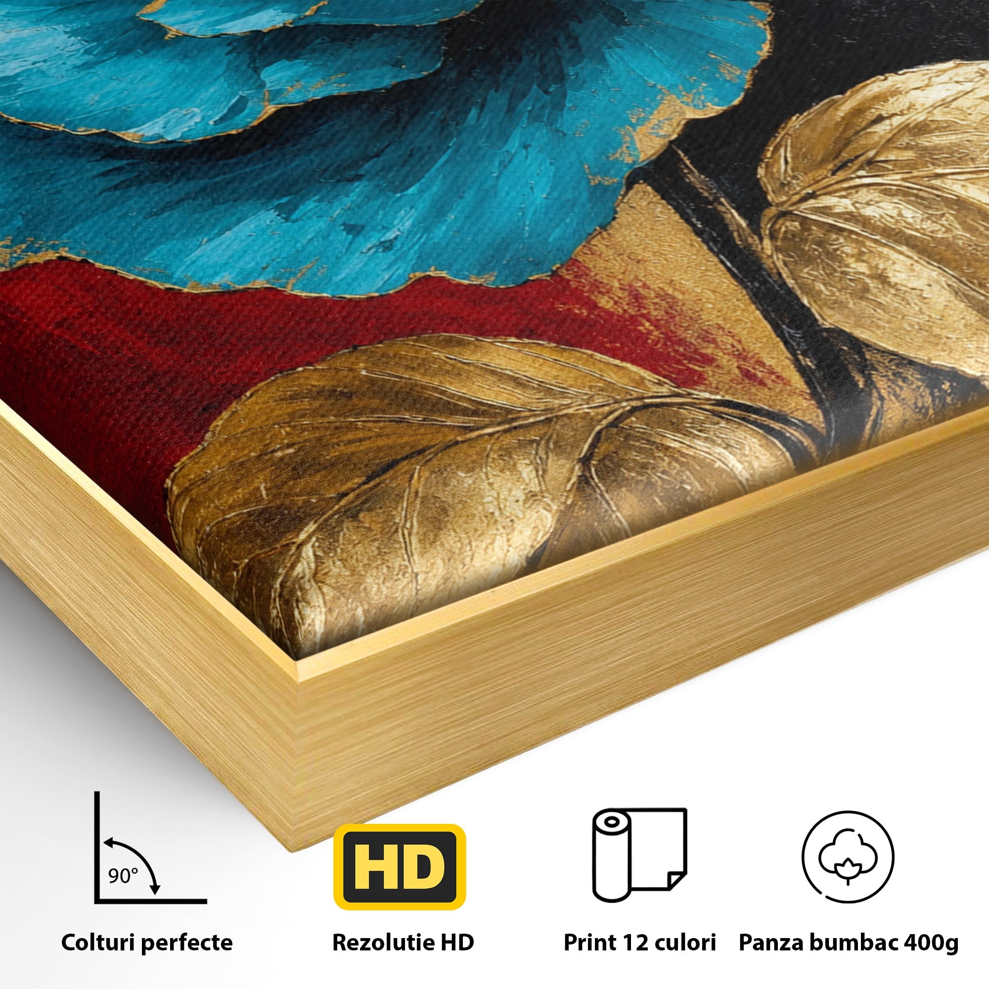 Tablou Canvas Premium LuxCanva® A1818, Eleganță de Safir, Floare, Frunze, Arta Botanica, Dormitor, Living, Culori Vibrante