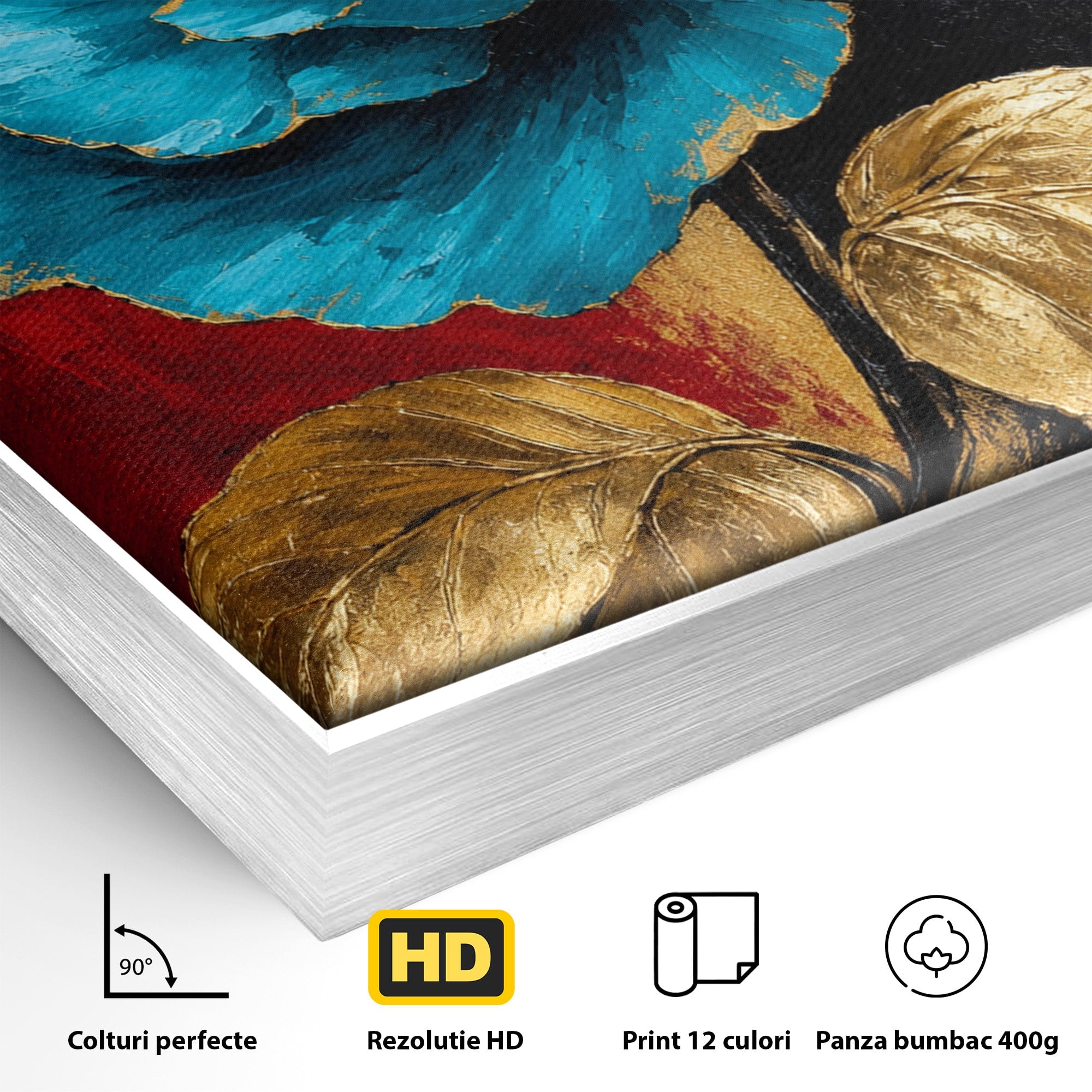 Tablou Canvas Premium LuxCanva® A1818, Eleganță de Safir, Floare, Frunze, Arta Botanica, Dormitor, Living, Culori Vibrante