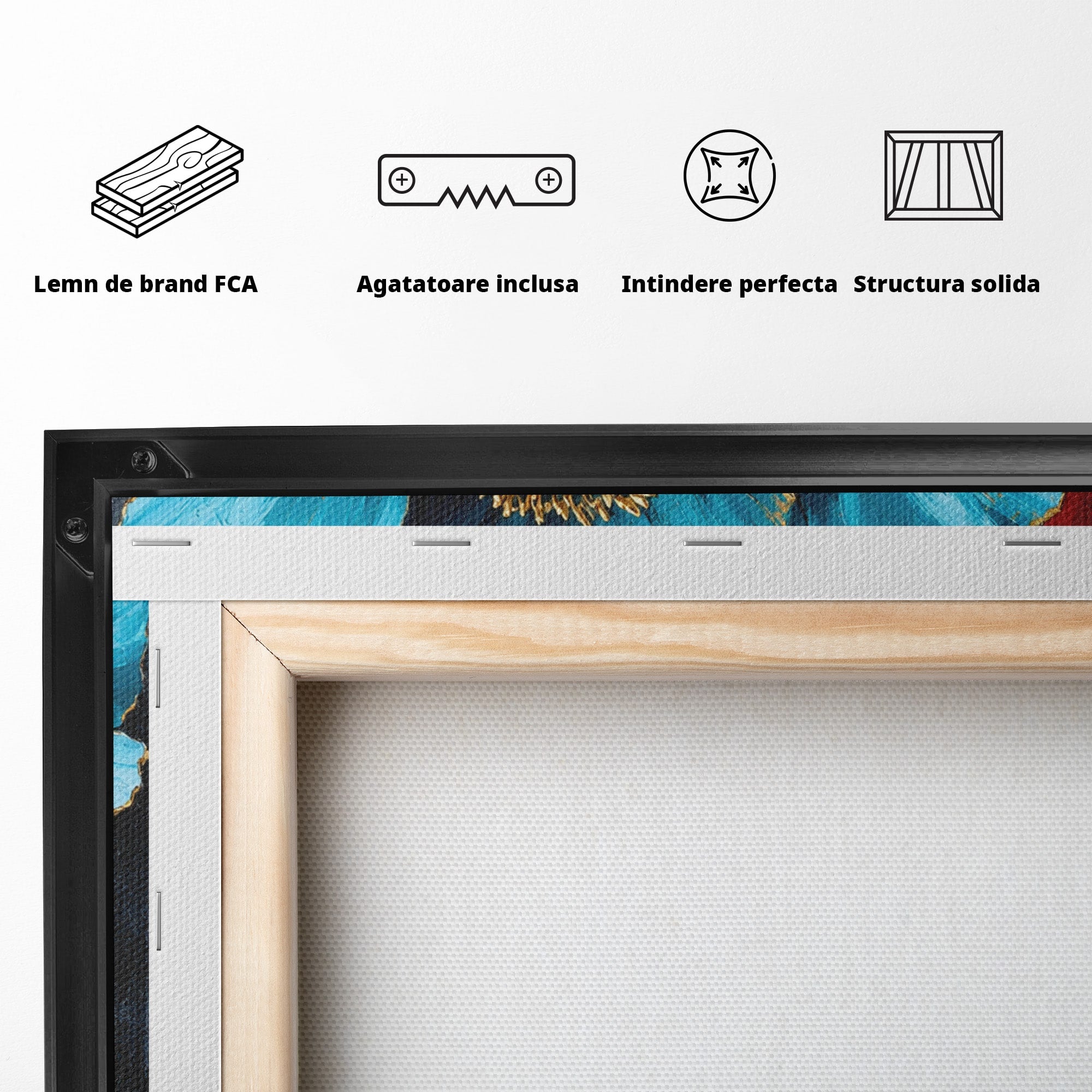 Tablou Canvas Premium LuxCanva® A1818, Eleganță de Safir, Floare, Frunze, Arta Botanica, Dormitor, Living, Culori Vibrante
