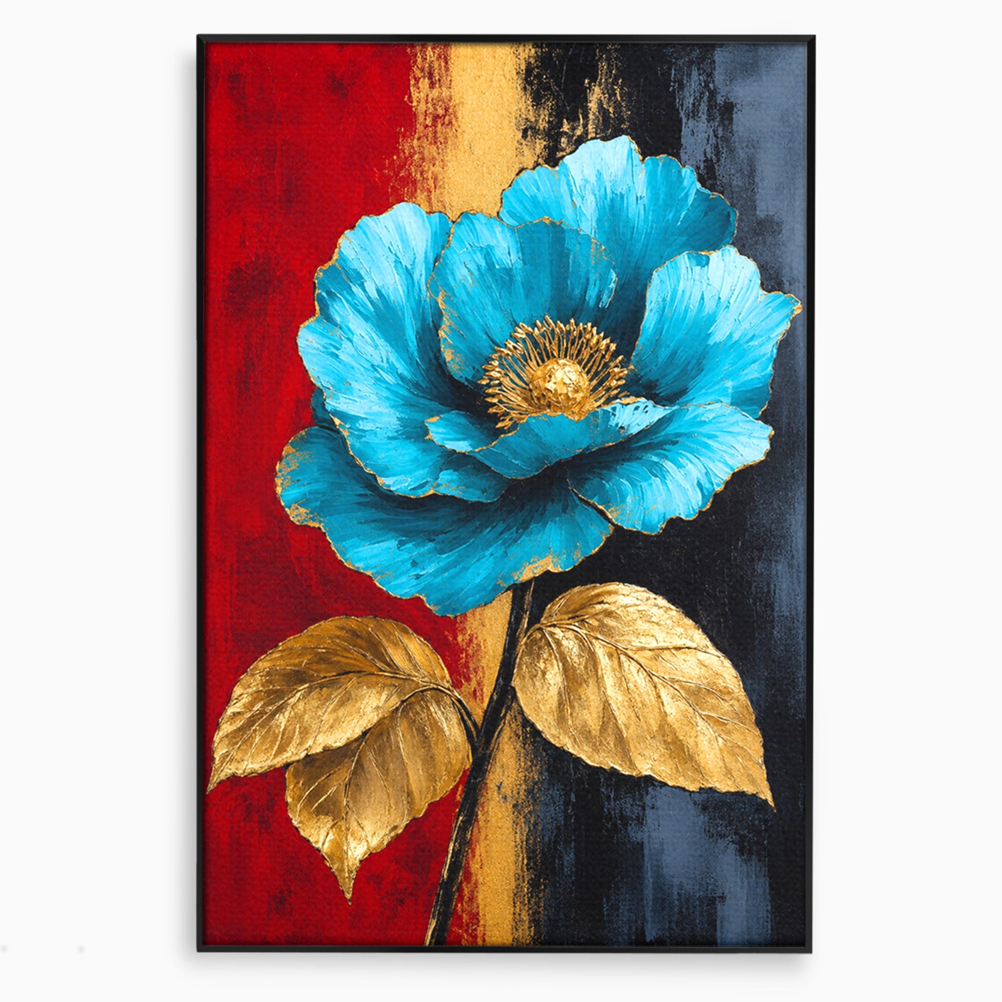 Tablou Canvas Premium LuxCanva® A1818, Eleganță de Safir, Floare, Frunze, Arta Botanica, Dormitor, Living, Culori Vibrante