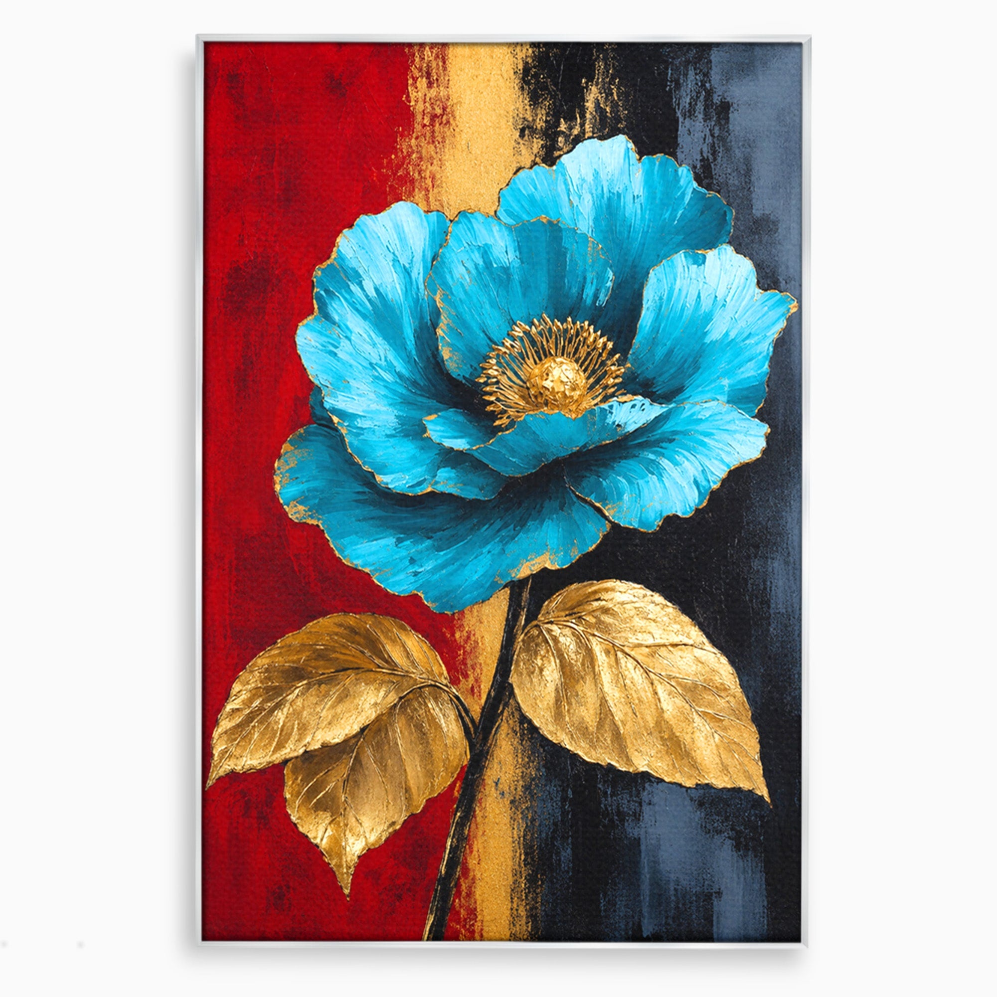 Tablou Canvas Premium LuxCanva® A1818, Eleganță de Safir, Floare, Frunze, Arta Botanica, Dormitor, Living, Culori Vibrante