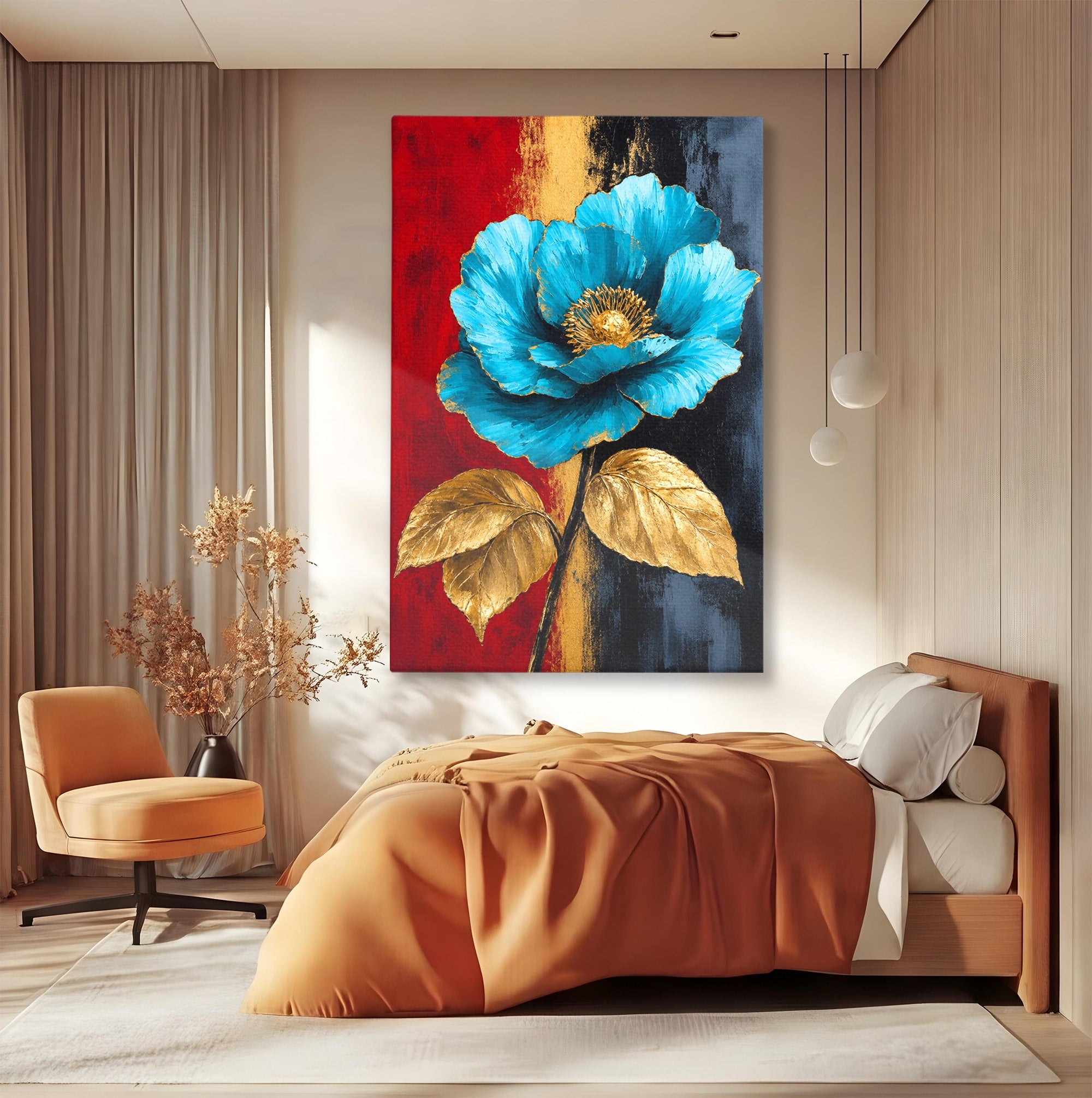 Tablou Canvas Premium LuxCanva® A1818, Eleganță de Safir, Floare, Frunze, Arta Botanica, Dormitor, Living, Culori Vibrante