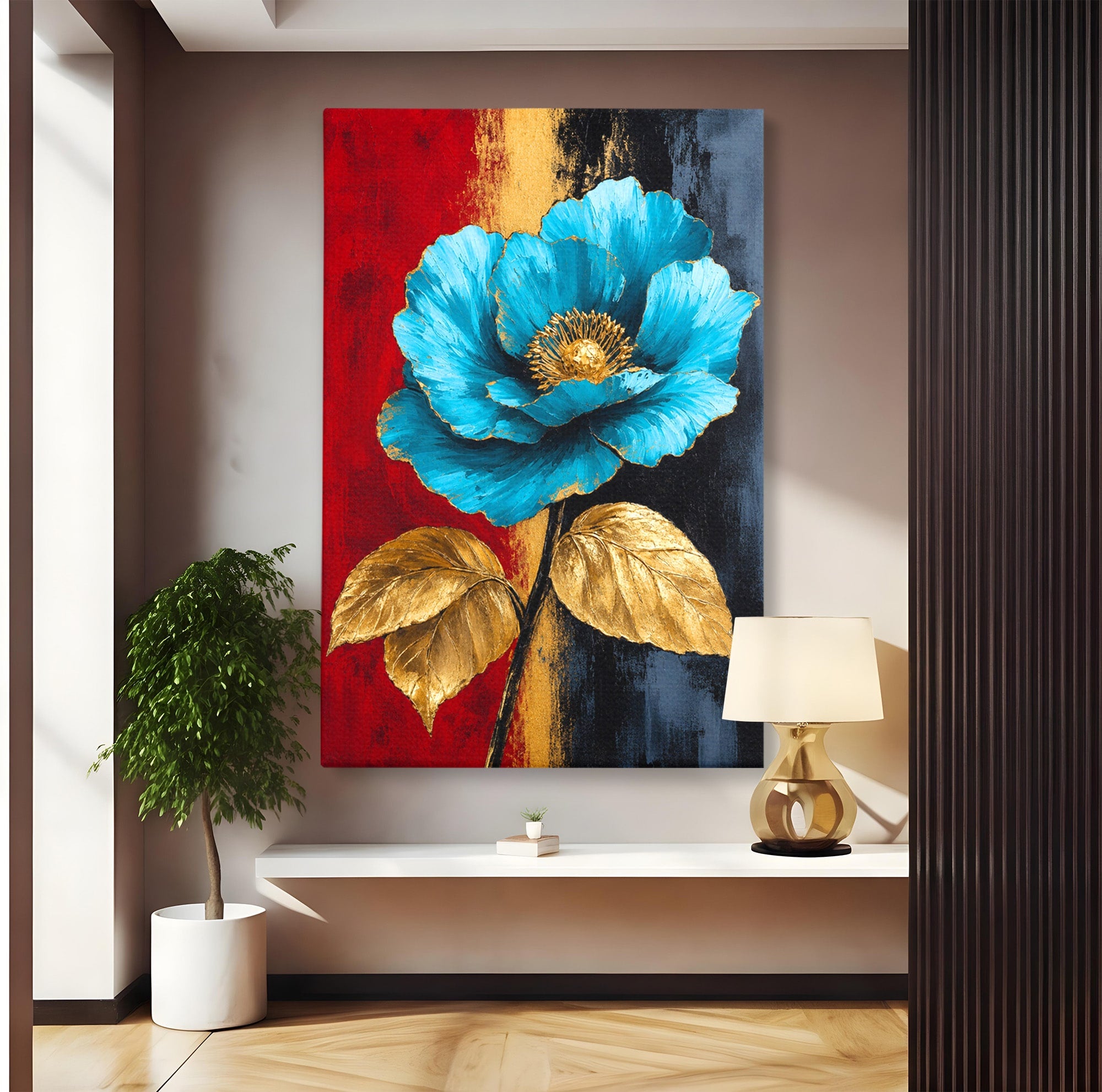 Tablou Canvas Premium LuxCanva® A1818, Eleganță de Safir, Floare, Frunze, Arta Botanica, Dormitor, Living, Culori Vibrante