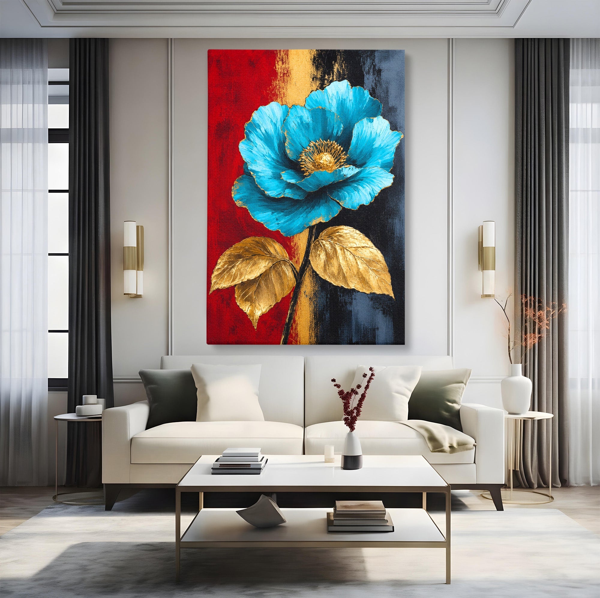 Tablou Canvas Premium LuxCanva® A1818, Eleganță de Safir, Floare, Frunze, Arta Botanica, Dormitor, Living, Culori Vibrante