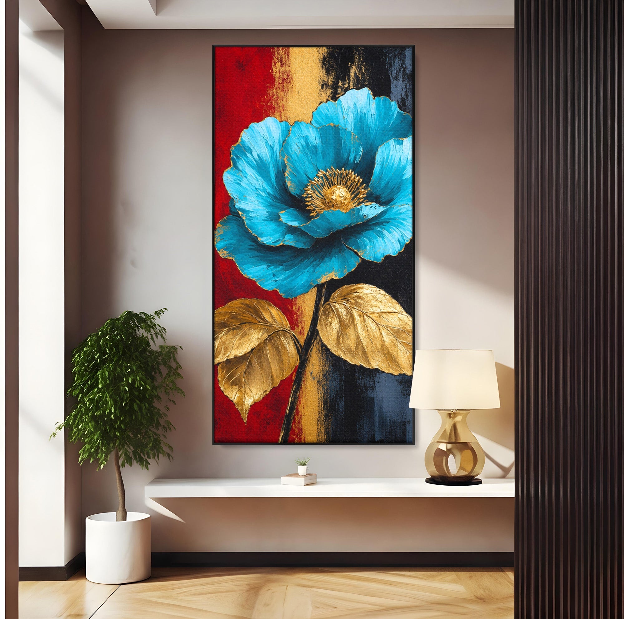 Tablou Canvas Premium LuxCanva® A1818, Eleganță de Safir, Floare, Frunze, Arta Botanica, Dormitor, Living, Culori Vibrante