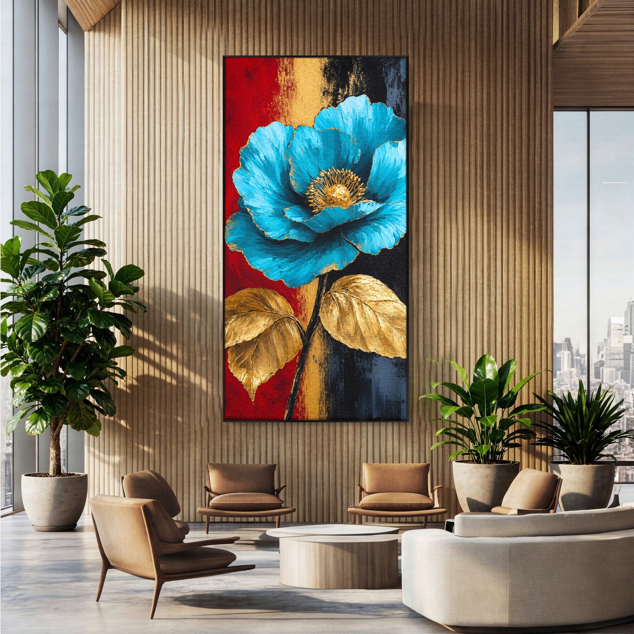 Tablou Canvas Premium LuxCanva® A1818, Eleganță de Safir, Floare, Frunze, Arta Botanica, Dormitor, Living, Culori Vibrante