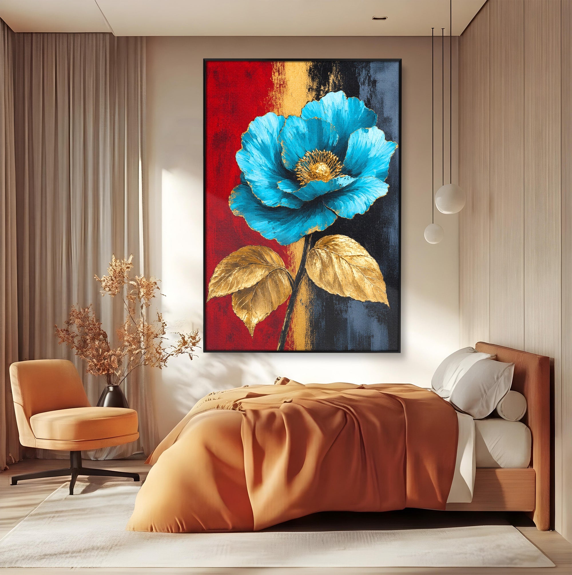 Tablou Canvas Premium LuxCanva® A1818, Eleganță de Safir, Floare, Frunze, Arta Botanica, Dormitor, Living, Culori Vibrante