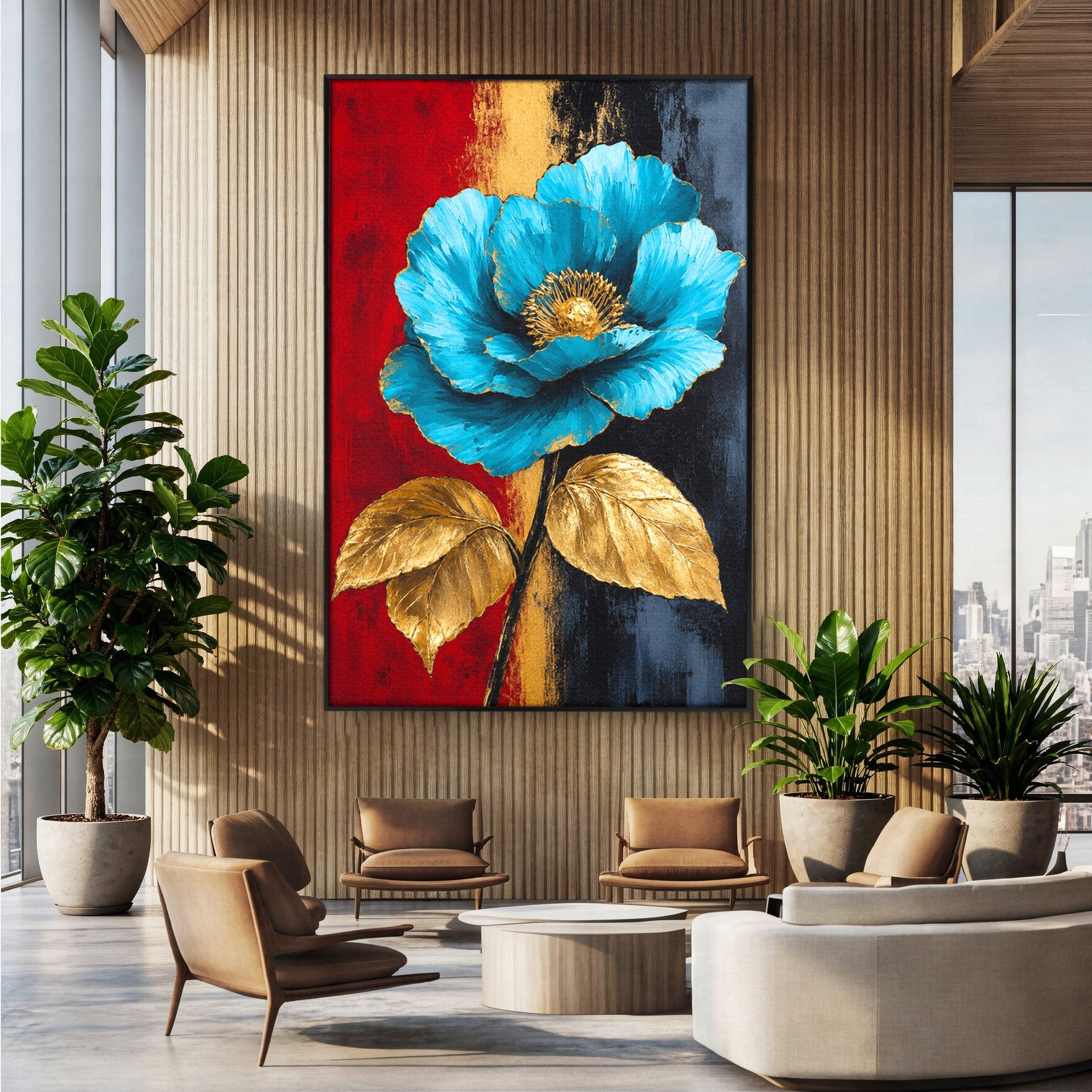 Tablou Canvas Premium LuxCanva® A1818, Eleganță de Safir, Floare, Frunze, Arta Botanica, Dormitor, Living, Culori Vibrante