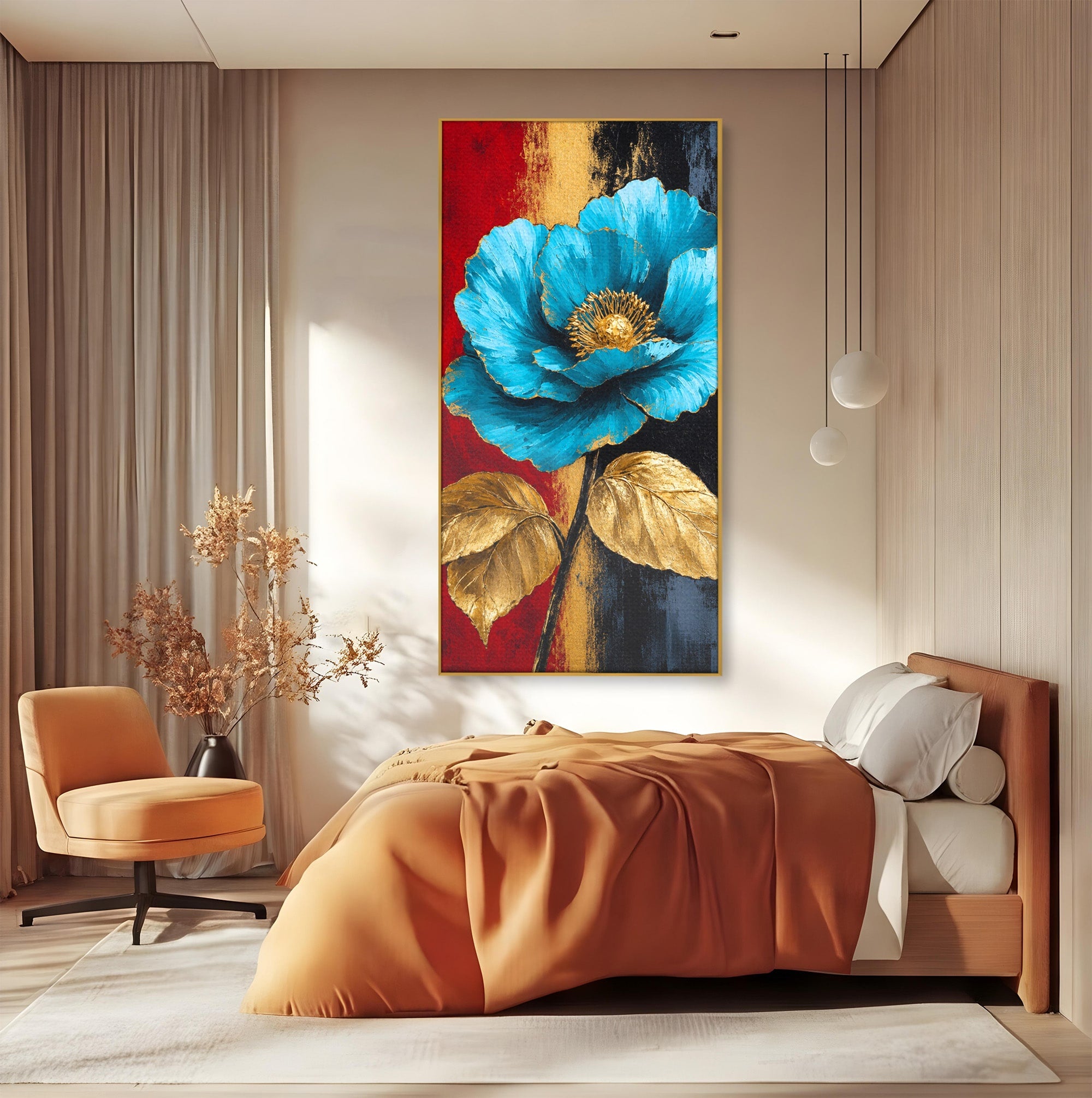 Tablou Canvas Premium LuxCanva® A1818, Eleganță de Safir, Floare, Frunze, Arta Botanica, Dormitor, Living, Culori Vibrante