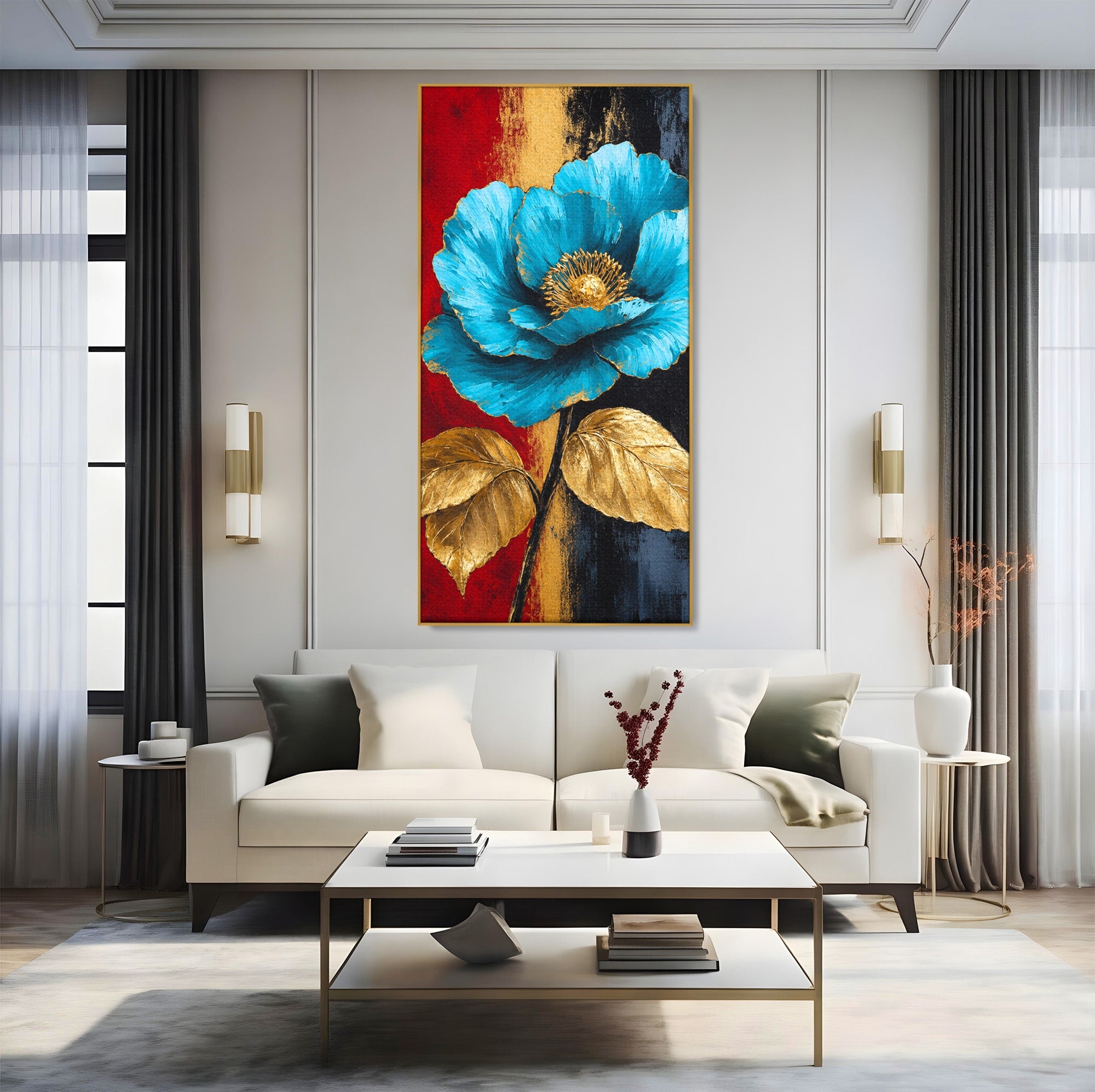 Tablou Canvas Premium LuxCanva® A1818, Eleganță de Safir, Floare, Frunze, Arta Botanica, Dormitor, Living, Culori Vibrante