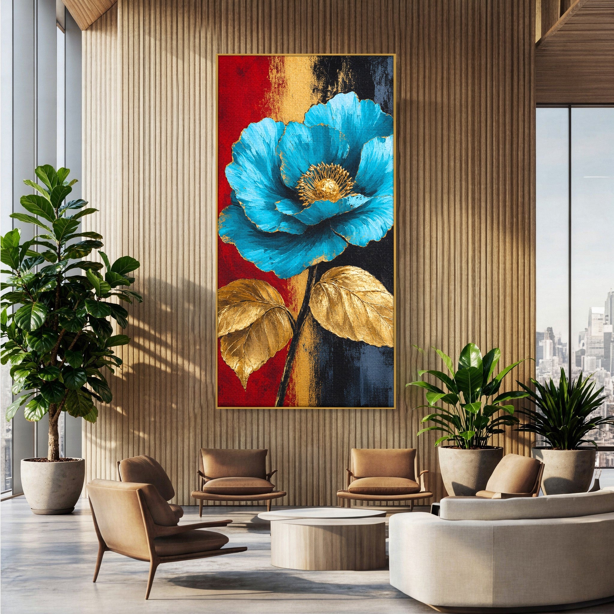 Tablou Canvas Premium LuxCanva® A1818, Eleganță de Safir, Floare, Frunze, Arta Botanica, Dormitor, Living, Culori Vibrante