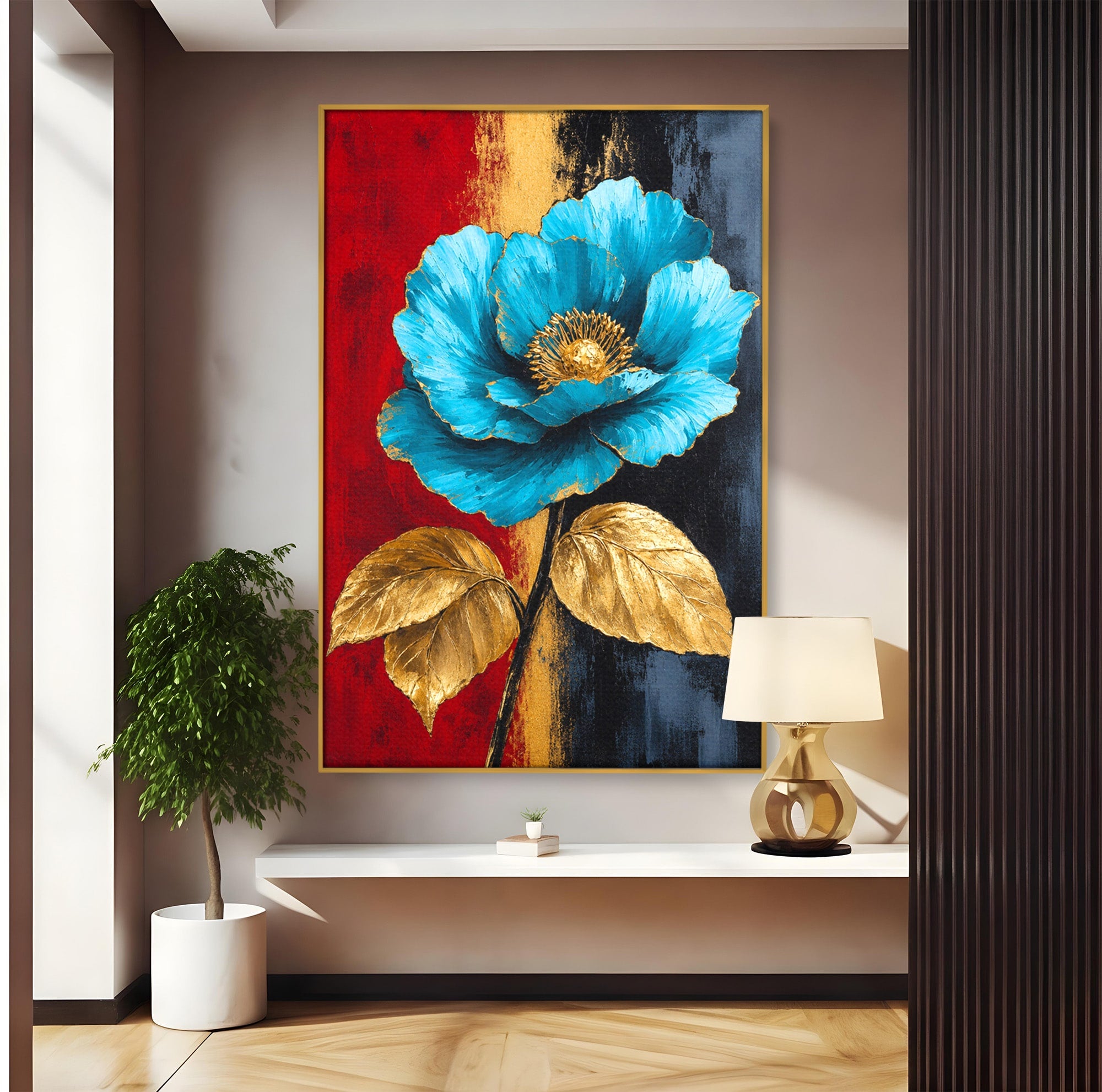 Tablou Canvas Premium LuxCanva® A1818, Eleganță de Safir, Floare, Frunze, Arta Botanica, Dormitor, Living, Culori Vibrante