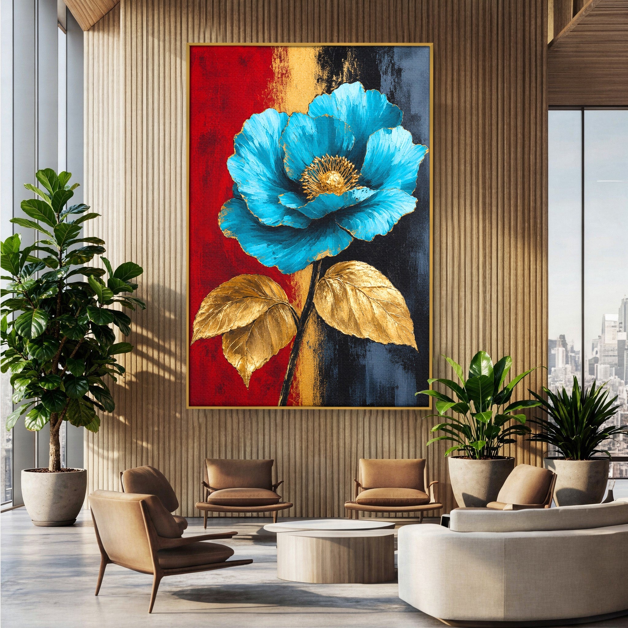 Tablou Canvas Premium LuxCanva® A1818, Eleganță de Safir, Floare, Frunze, Arta Botanica, Dormitor, Living, Culori Vibrante