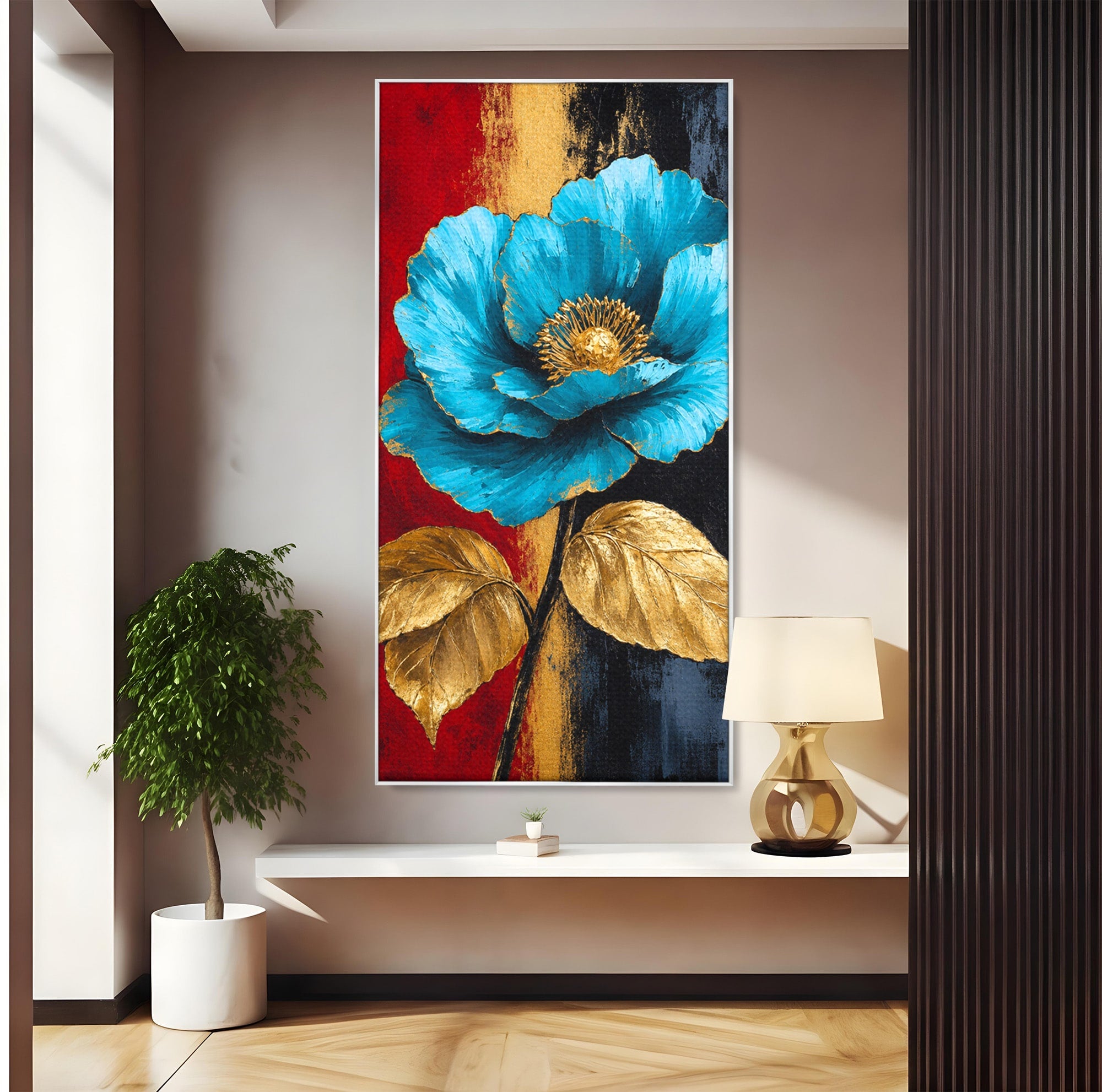 Tablou Canvas Premium LuxCanva® A1818, Eleganță de Safir, Floare, Frunze, Arta Botanica, Dormitor, Living, Culori Vibrante