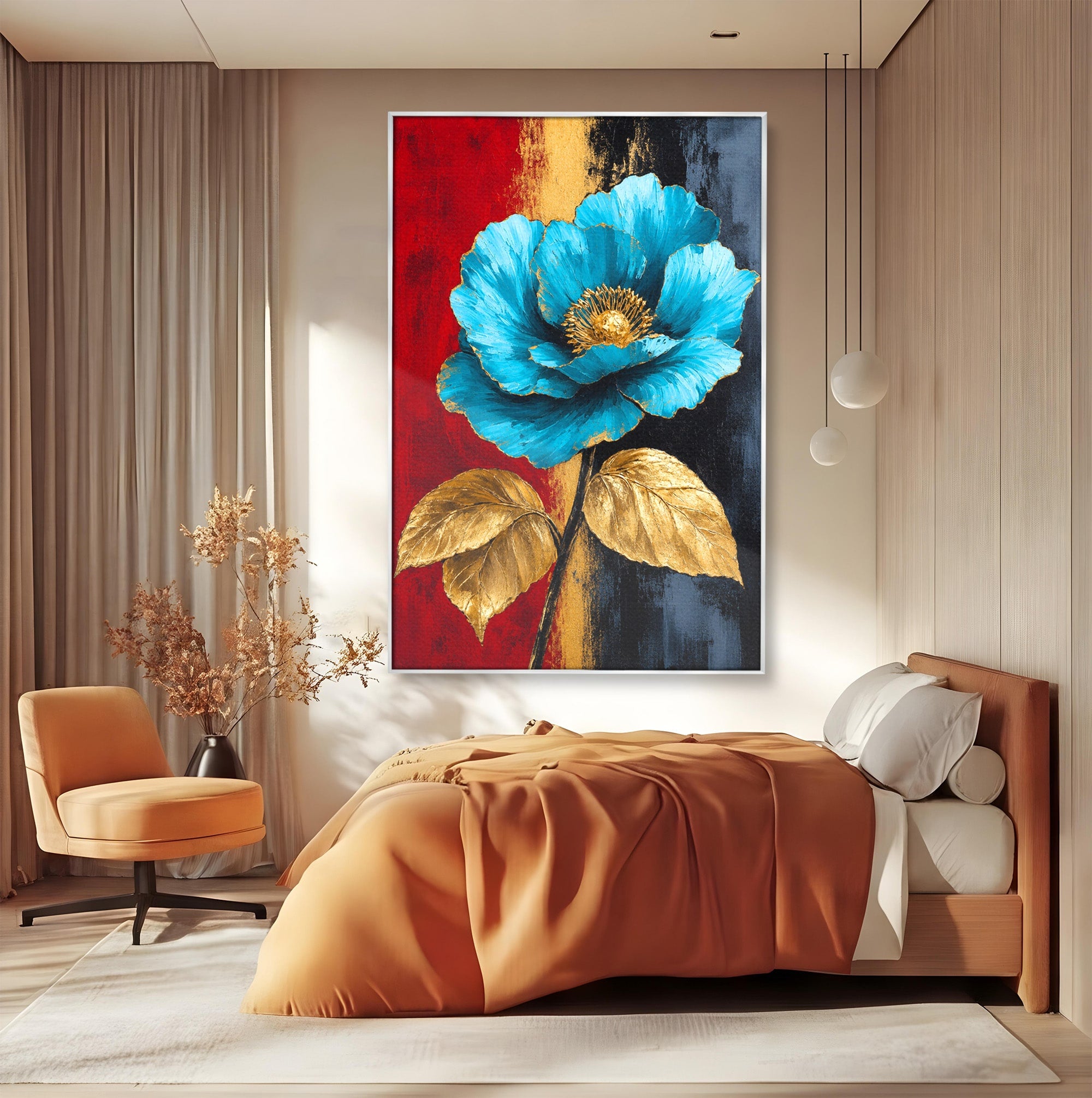 Tablou Canvas Premium LuxCanva® A1818, Eleganță de Safir, Floare, Frunze, Arta Botanica, Dormitor, Living, Culori Vibrante