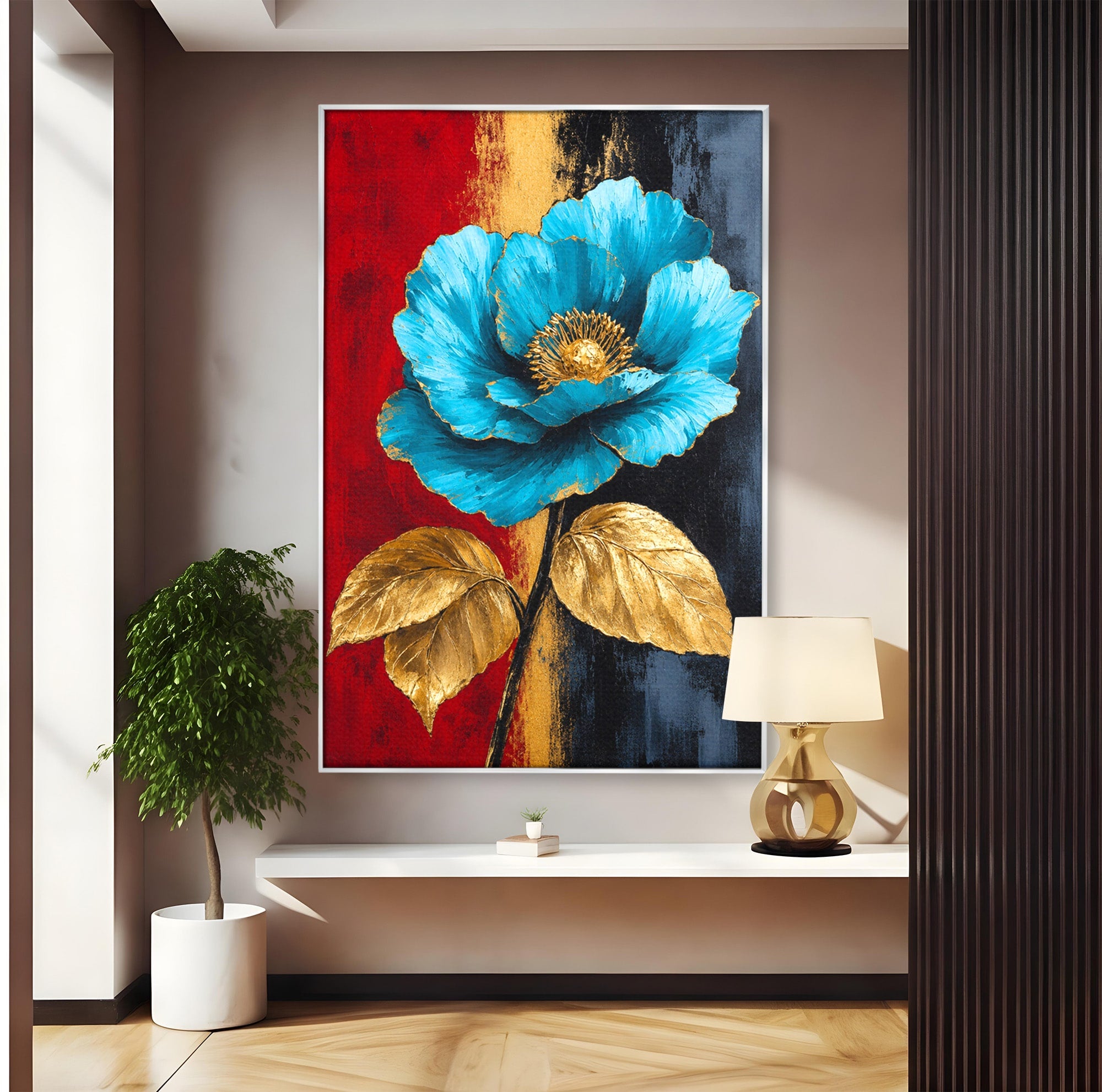 Tablou Canvas Premium LuxCanva® A1818, Eleganță de Safir, Floare, Frunze, Arta Botanica, Dormitor, Living, Culori Vibrante