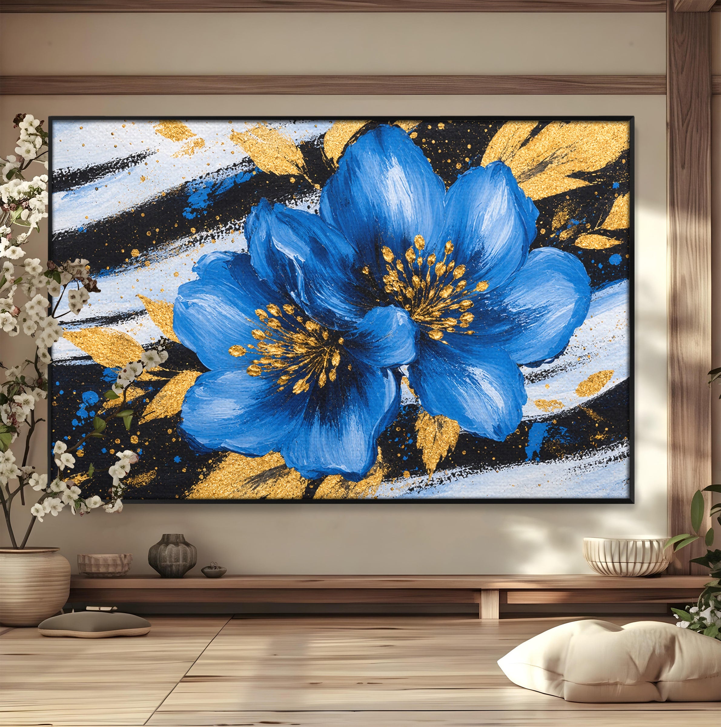 Tablou Canvas Premium LuxCanva® A1820, Duo de Safir, Flori, Modern, Abstract, Living, Dormitor, Culori Vibrante